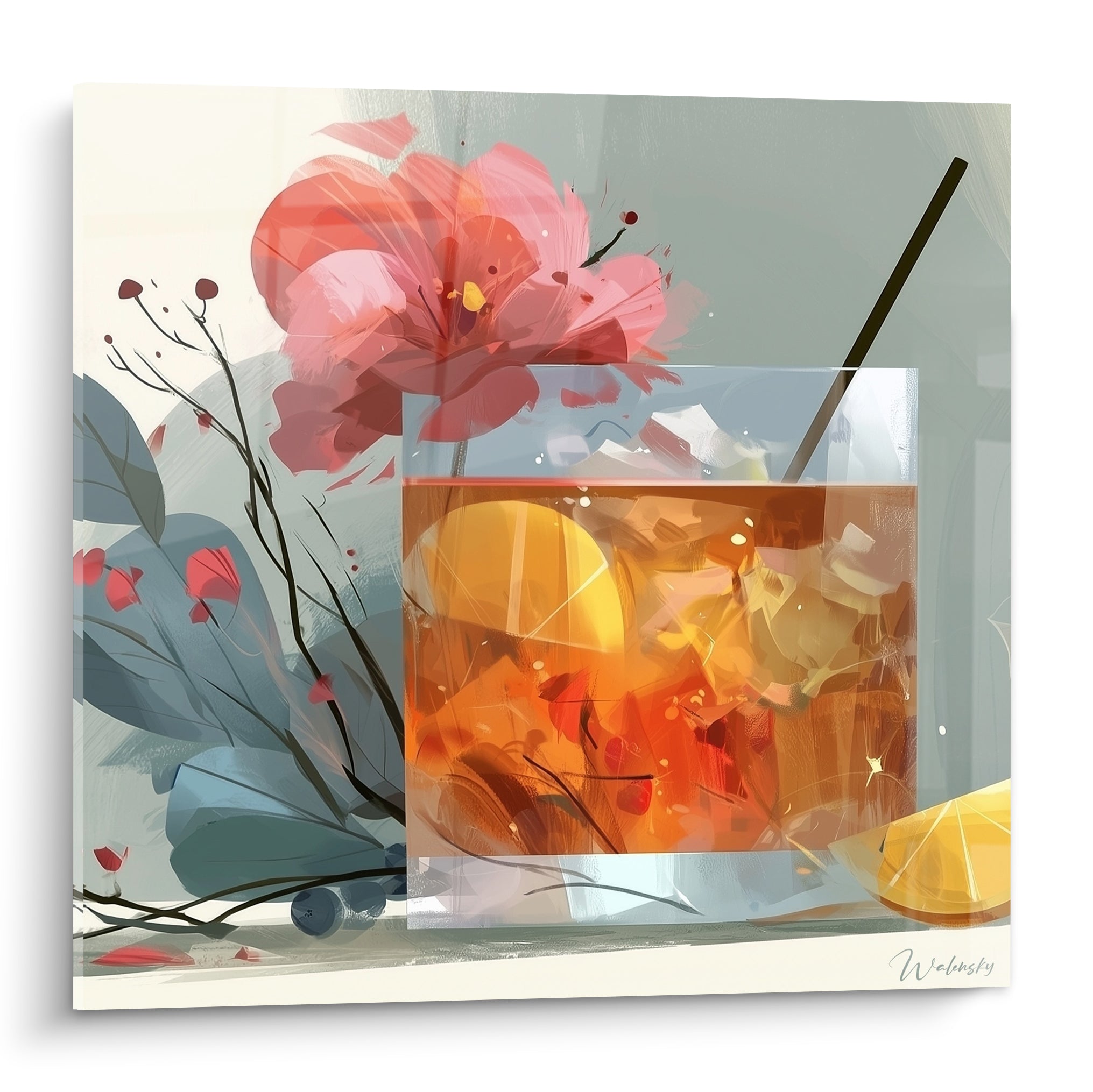 Verre cocktail ambré et fleur rose corail peints en aplats bleu sauge et orangé vibrant