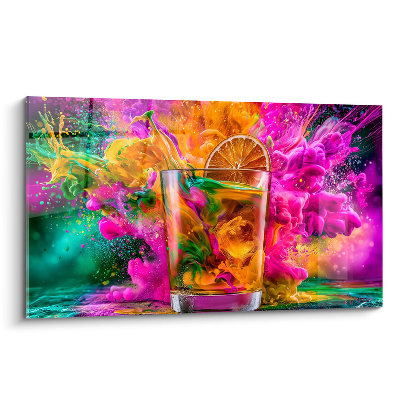 Tableau Verre à whisky rose et vert à la rondelle d'orange - Explosion de fumées colorées - Edition Cocktail