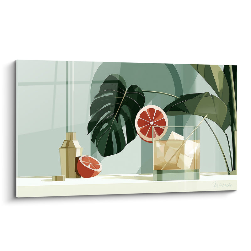 Tableau Verre carré vert et rose au pamplemousse - Shaker doré et feuille monstera - Edition Cocktail