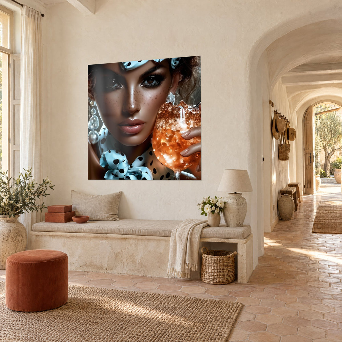 Tableau visage glamour aux cils noirs, perles nacrées et cocktail orangé pétillant, accroché dans un couloir voûté en pierre claire