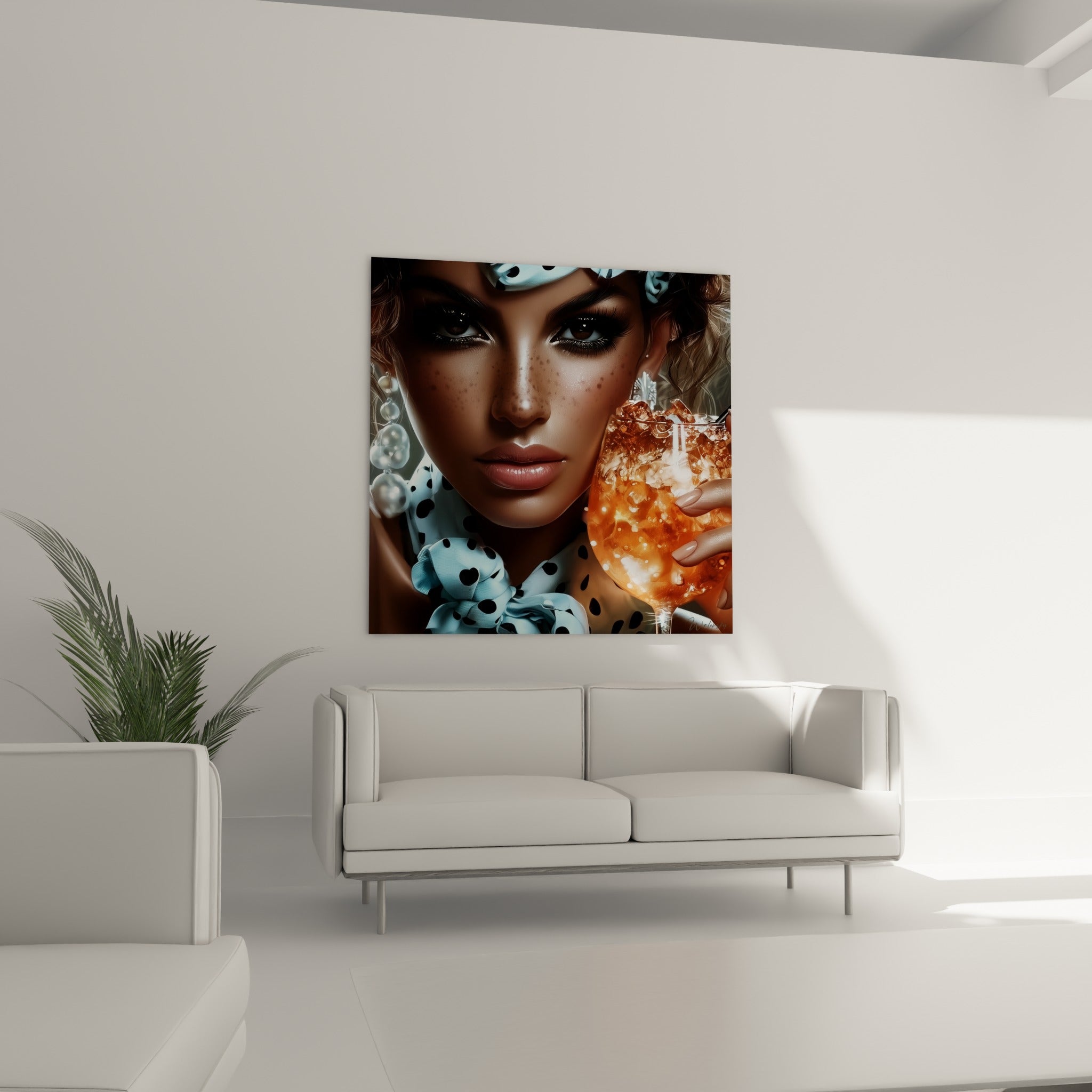 Visage hâlé et foulard bleu ciel à pois noirs, tableau placé au-dessus d'un canapé dans un salon lumineux