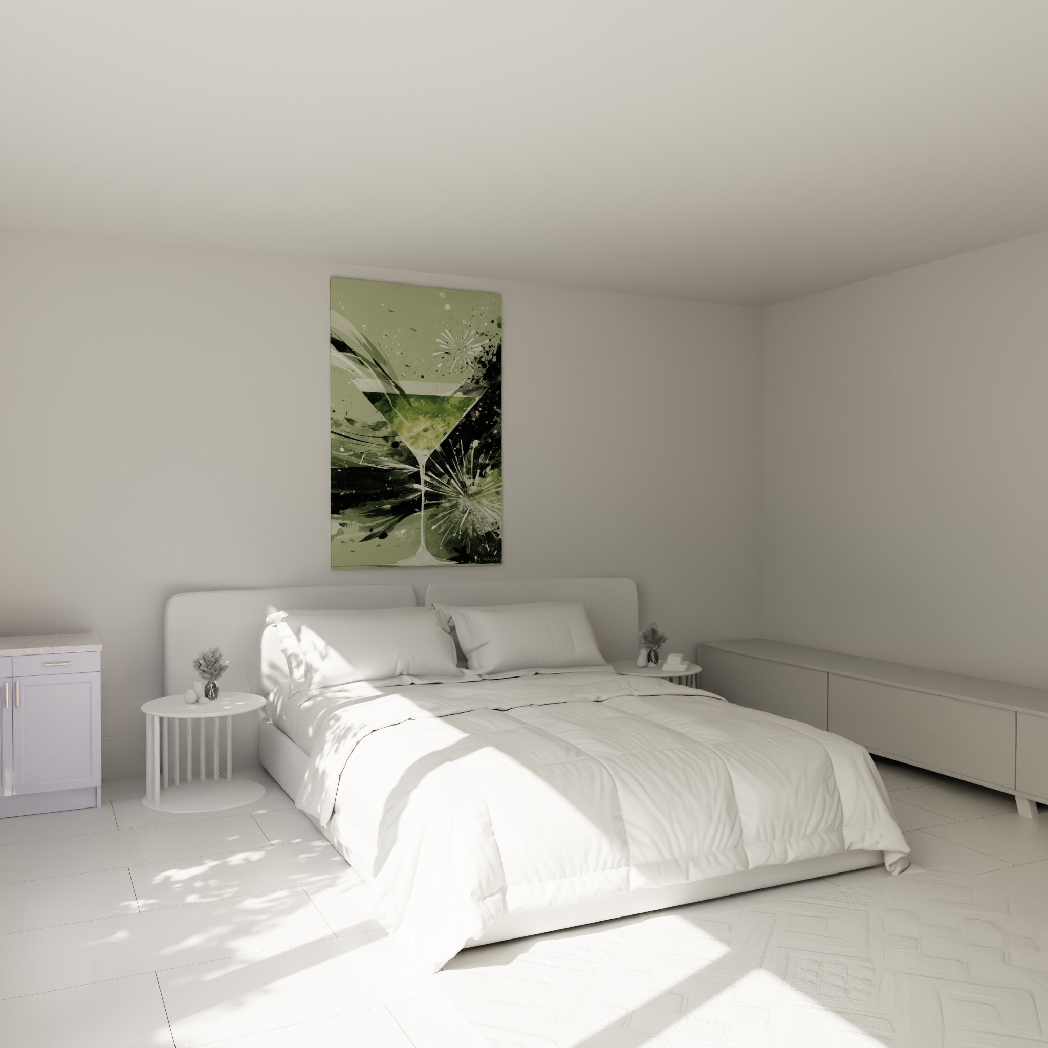 Cocktail vert sauge et blanc en explosion picturale, au-dessus d'un lit dans une chambre claire