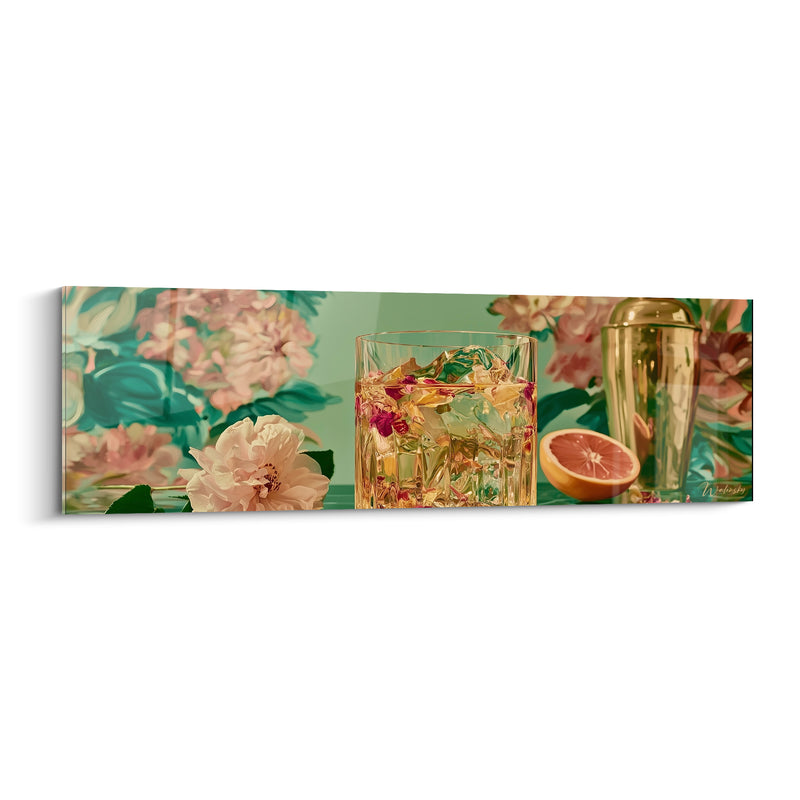 Tableau Verre doré aux pétales fleuris - Apéritif au jardin - Edition Cocktail