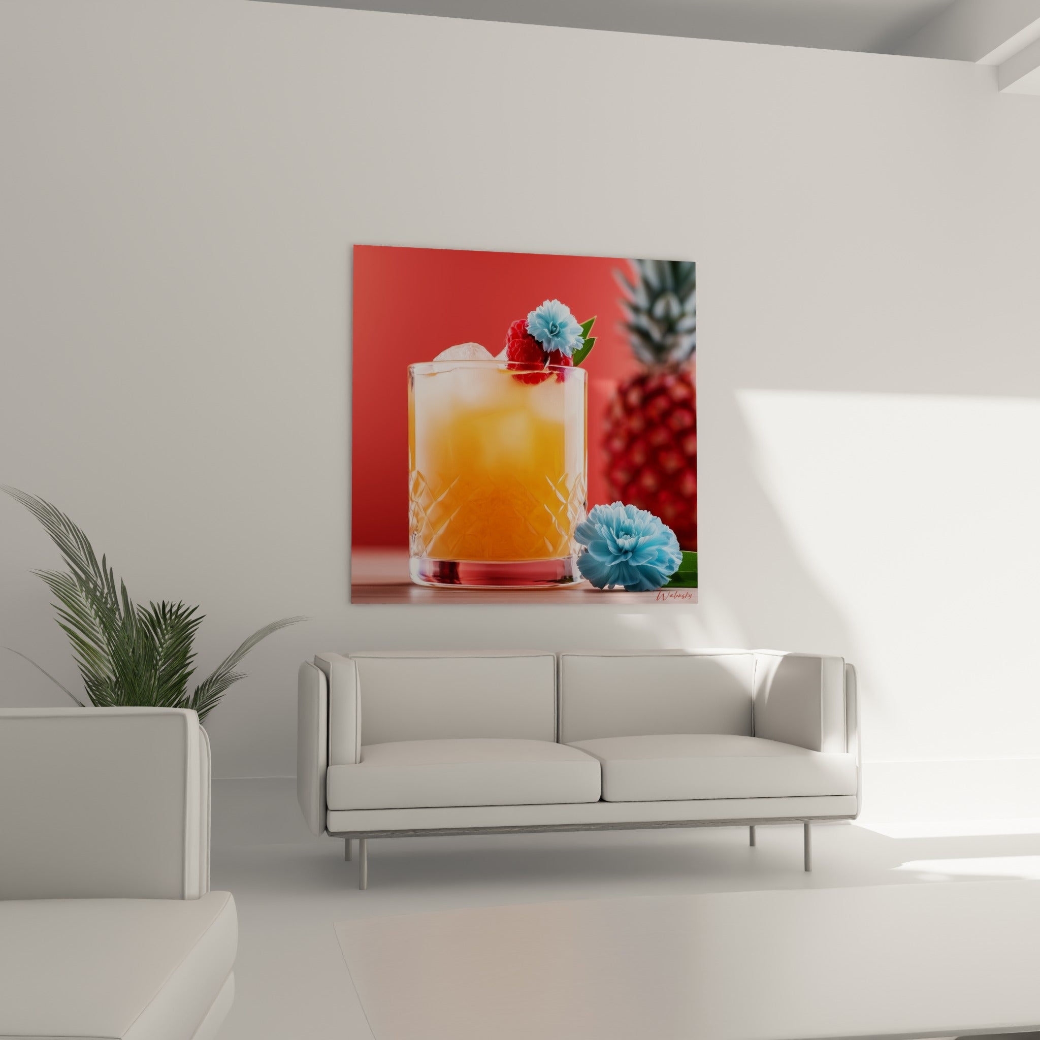 Cocktail orange et corail avec framboises rouges au-dessus d'un canapé dans un salon lumineux
