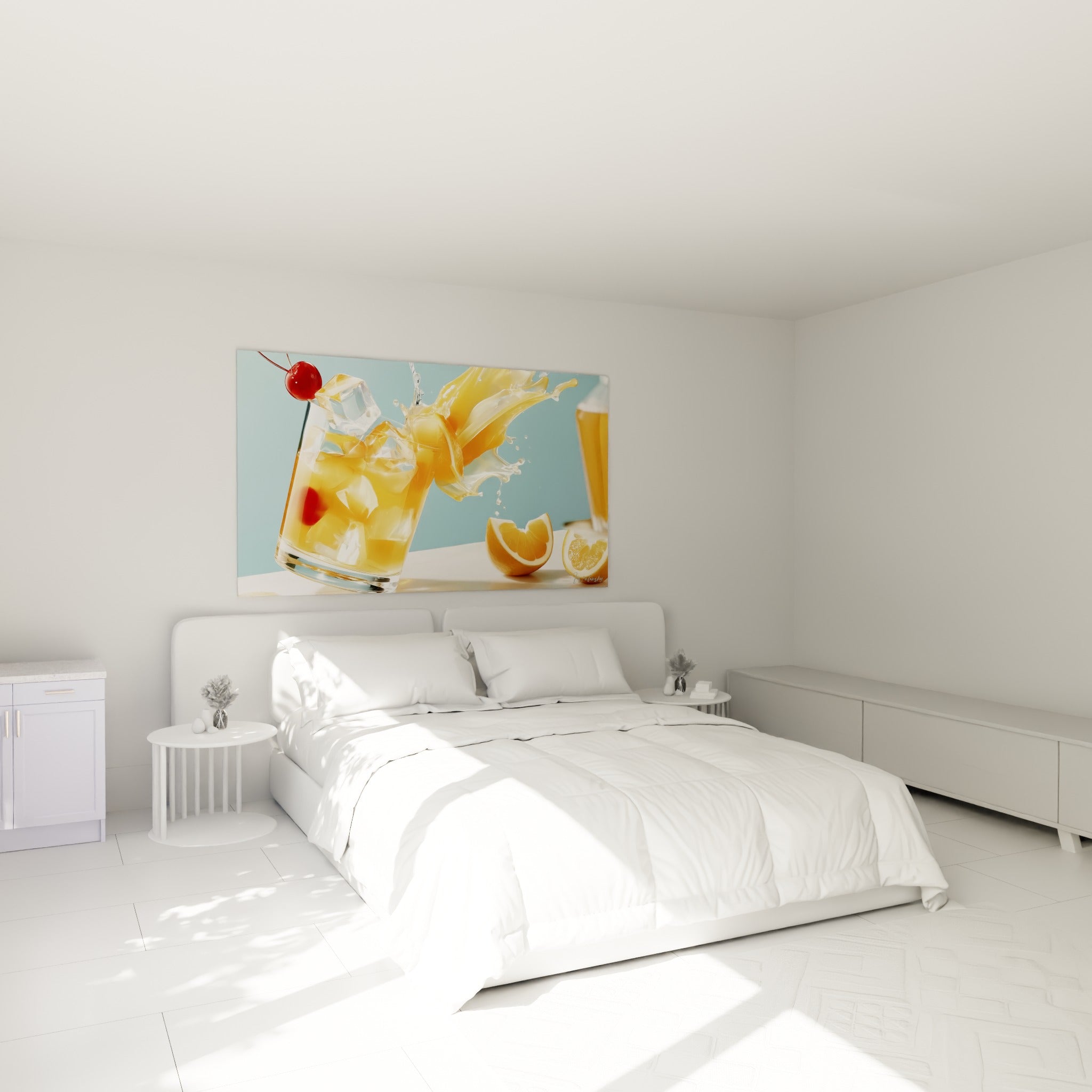 Éclaboussure orange vif d'un cocktail au-dessus d'un lit dans une chambre claire aux tons neutres