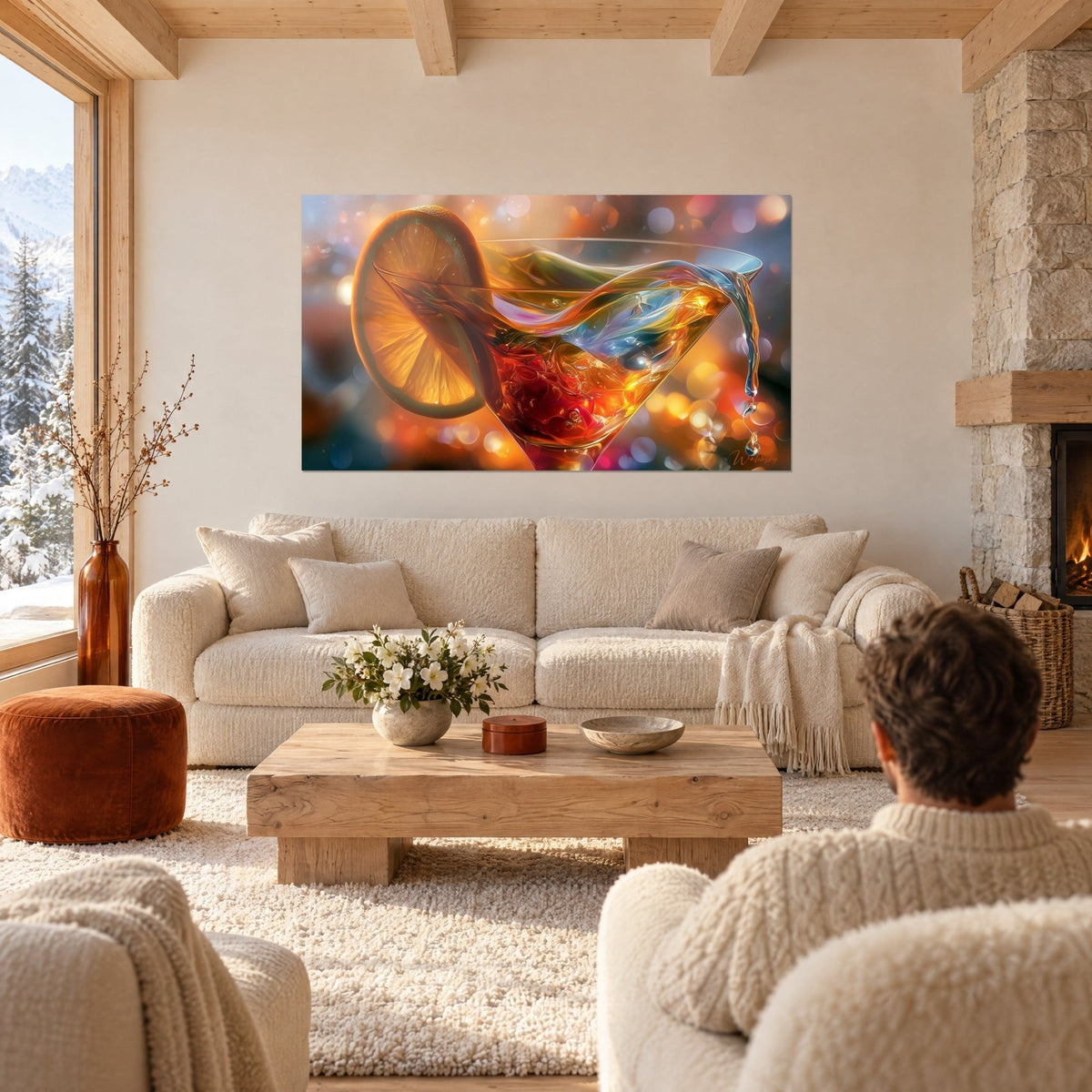Tableau cocktail martini à la rondelle d'orange, liquide rouge et bleu ambré, personne de dos, au-dessus d'un canapé dans un salon lumineux