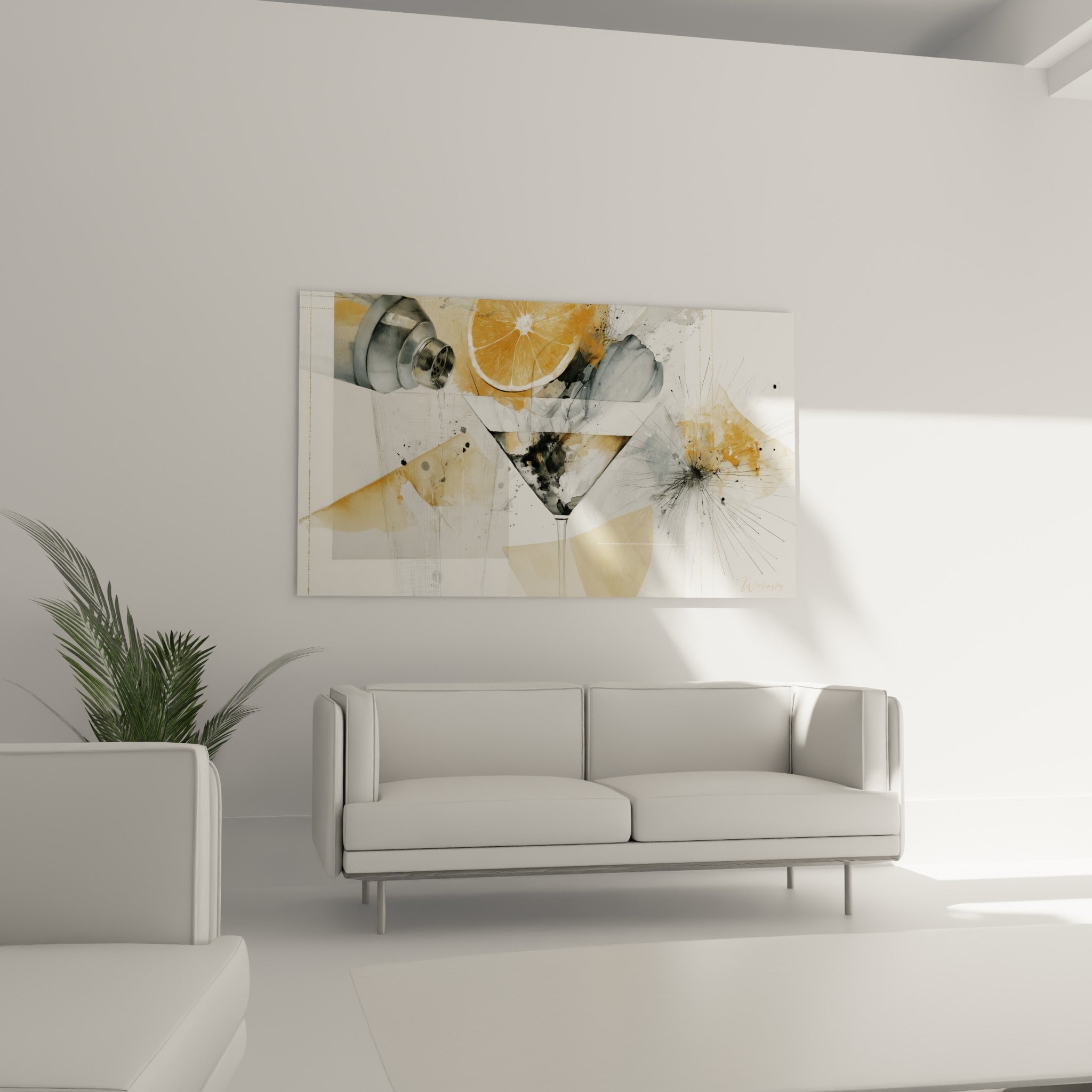 Cocktail graphique orange et anthracite, agrume et éclaboussures d'encre, au-dessus d'un canapé dans un salon lumineux