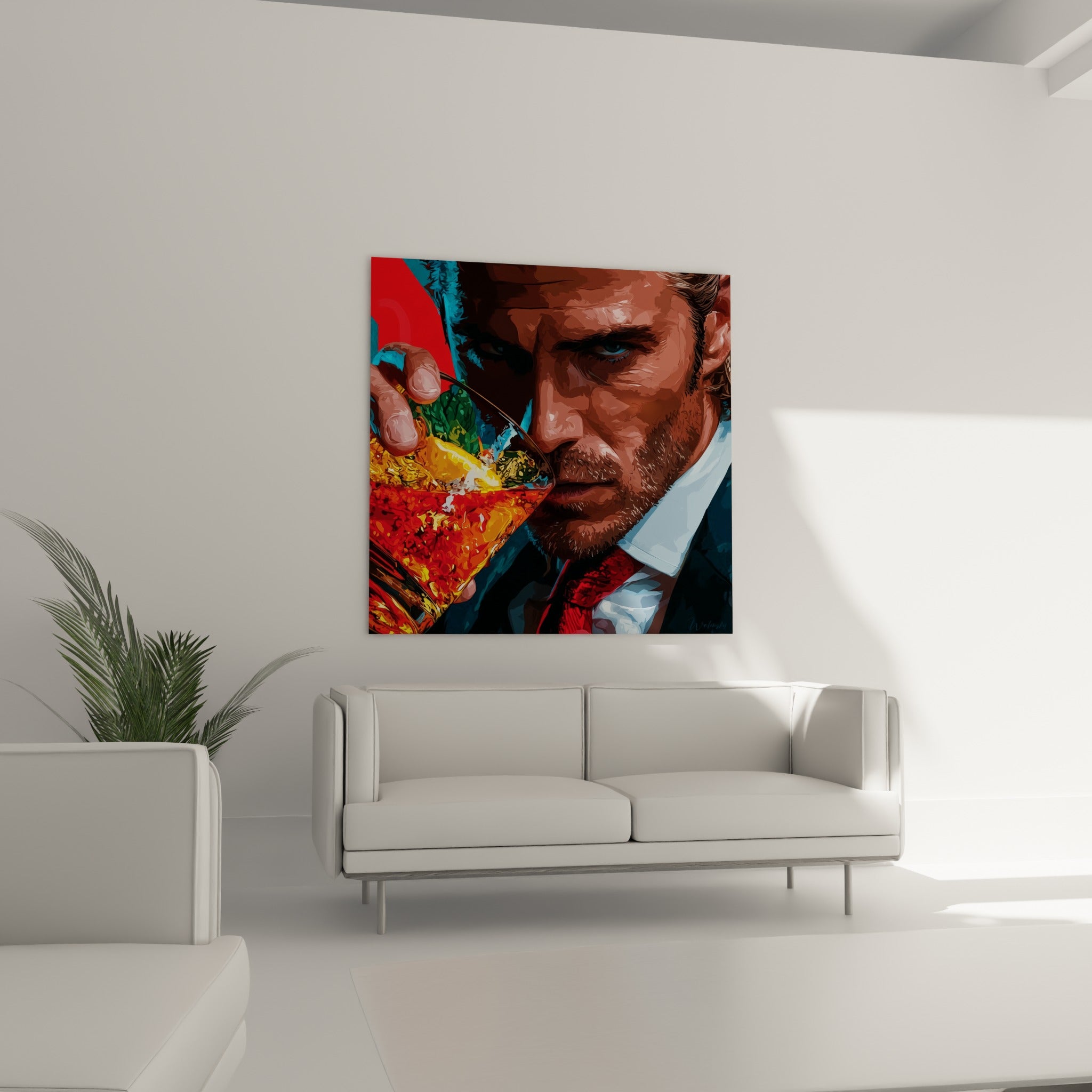 Verre à cocktail orangé tenu par une main masculine, œuvre suspendue au-dessus d'un canapé dans un salon lumineux