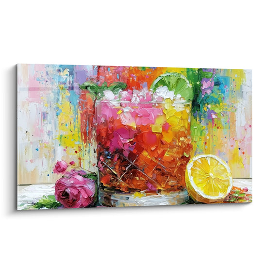 Verre de cocktail orange et rose fuchsia, citron jaune et rose pourpre, peinture texturée