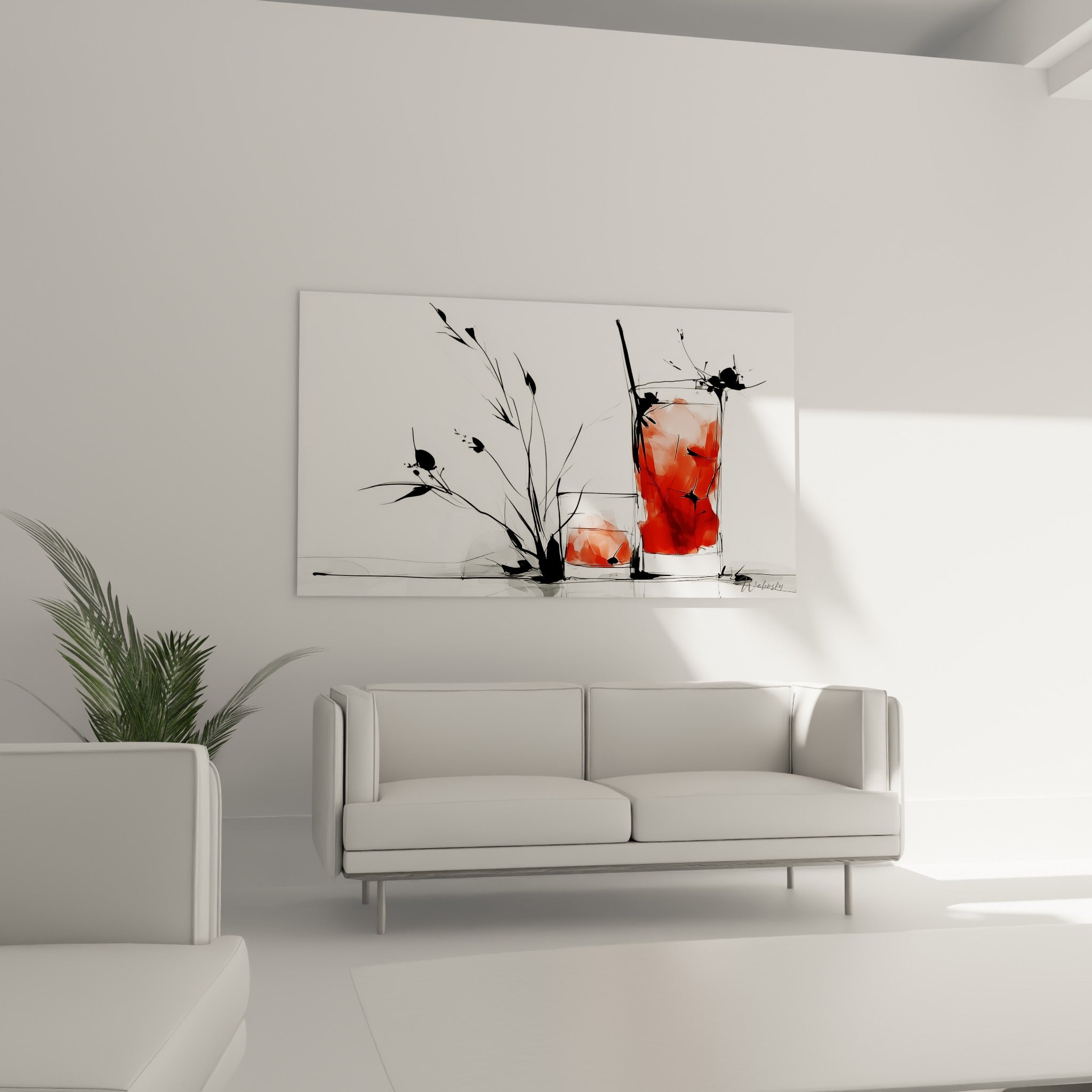Silhouettes encrées et rouge éclatant de ce tableau cocktail au-dessus d'un canapé dans un salon lumineux