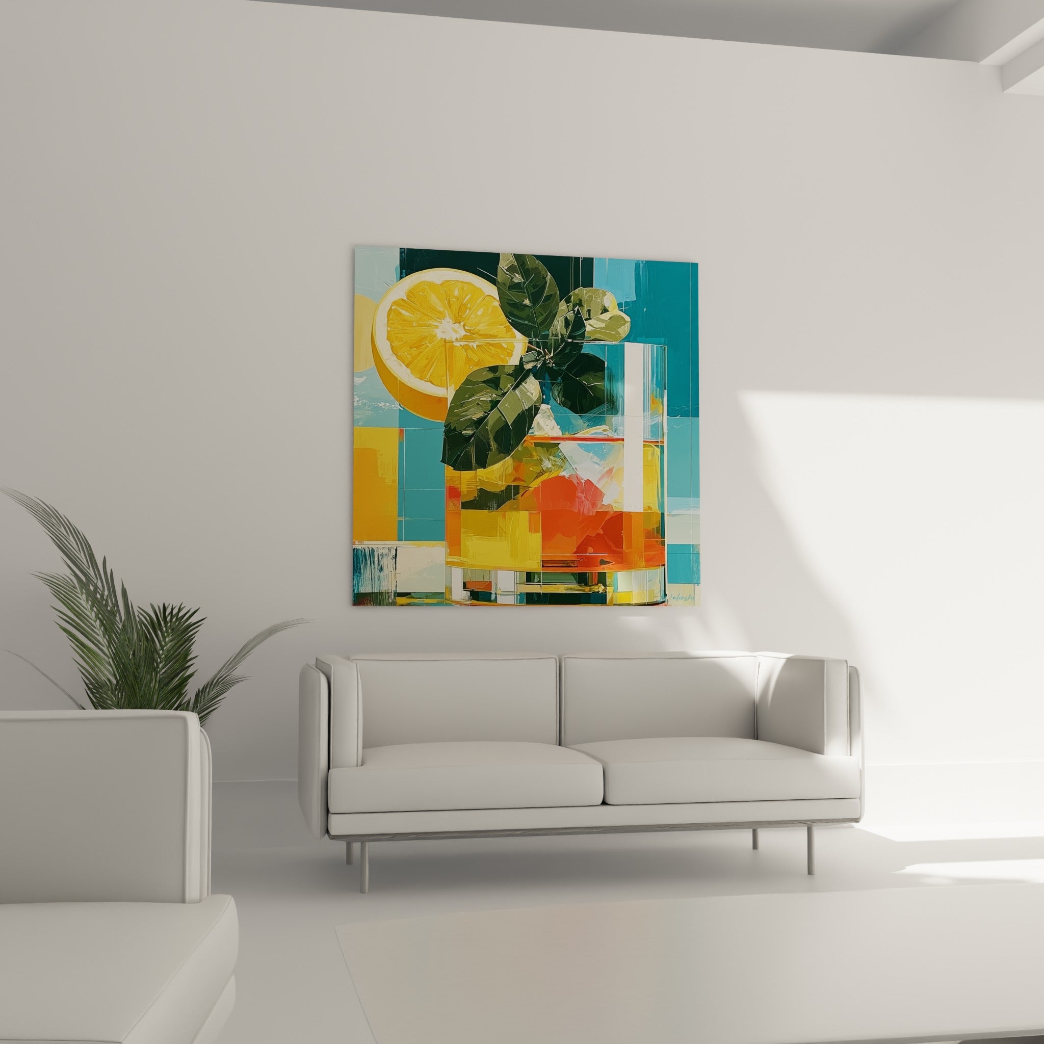 Composition orangée et bleu sarcelle d'un cocktail au-dessus d'un canapé dans un salon lumineux