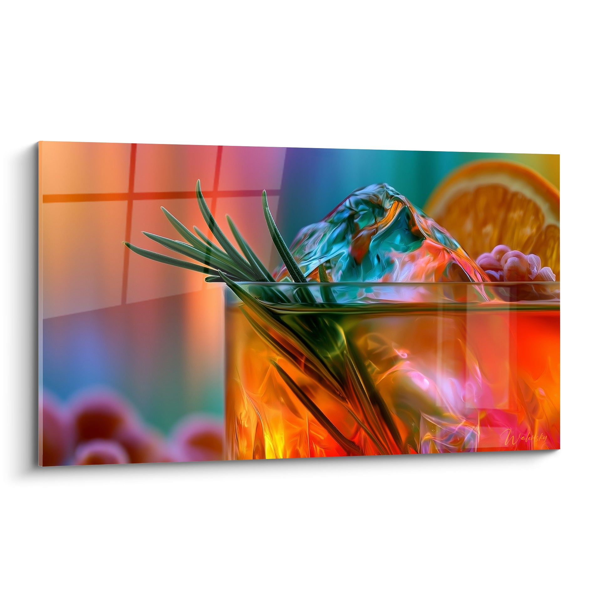 Verre cocktail orangé et turquoise avec glaçon fondant et brin de romarin en gros plan