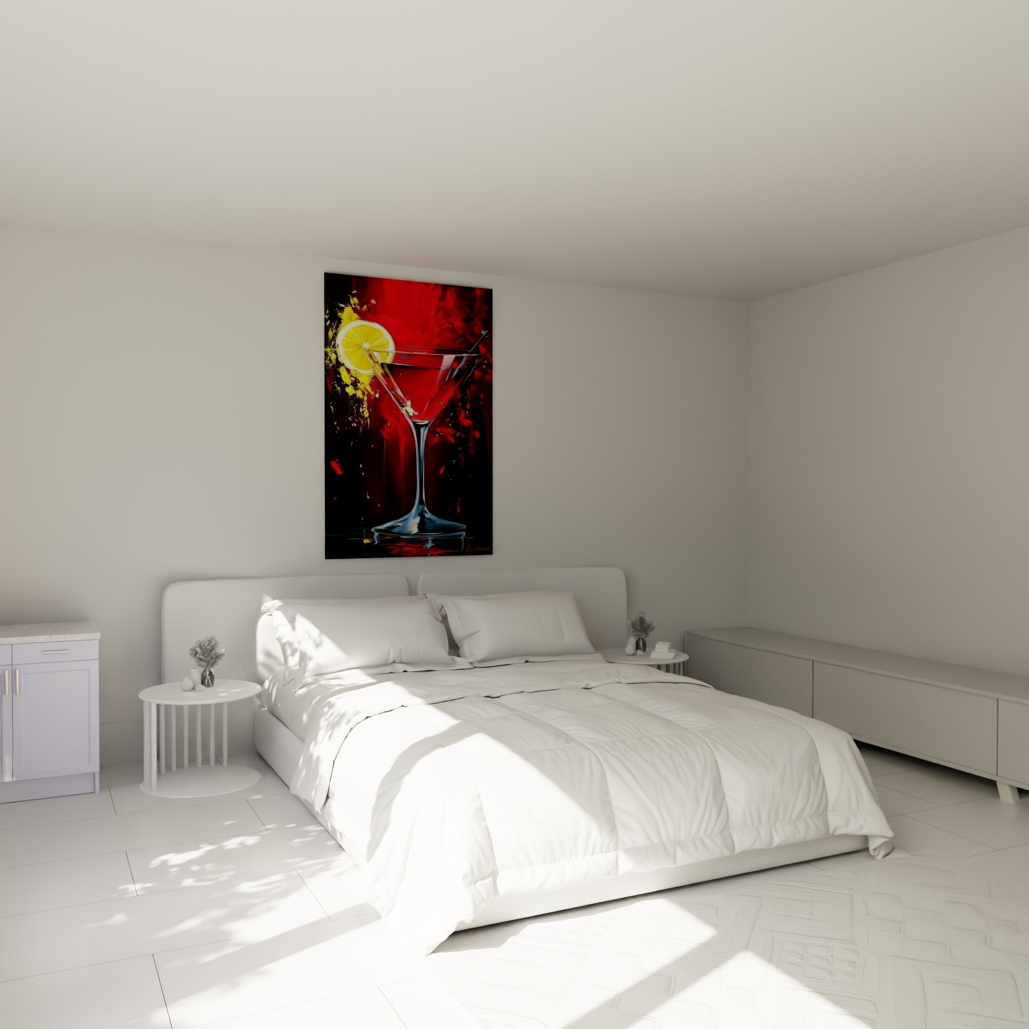 Cocktail rouge vif et citron doré peint au-dessus d'un lit dans une chambre claire