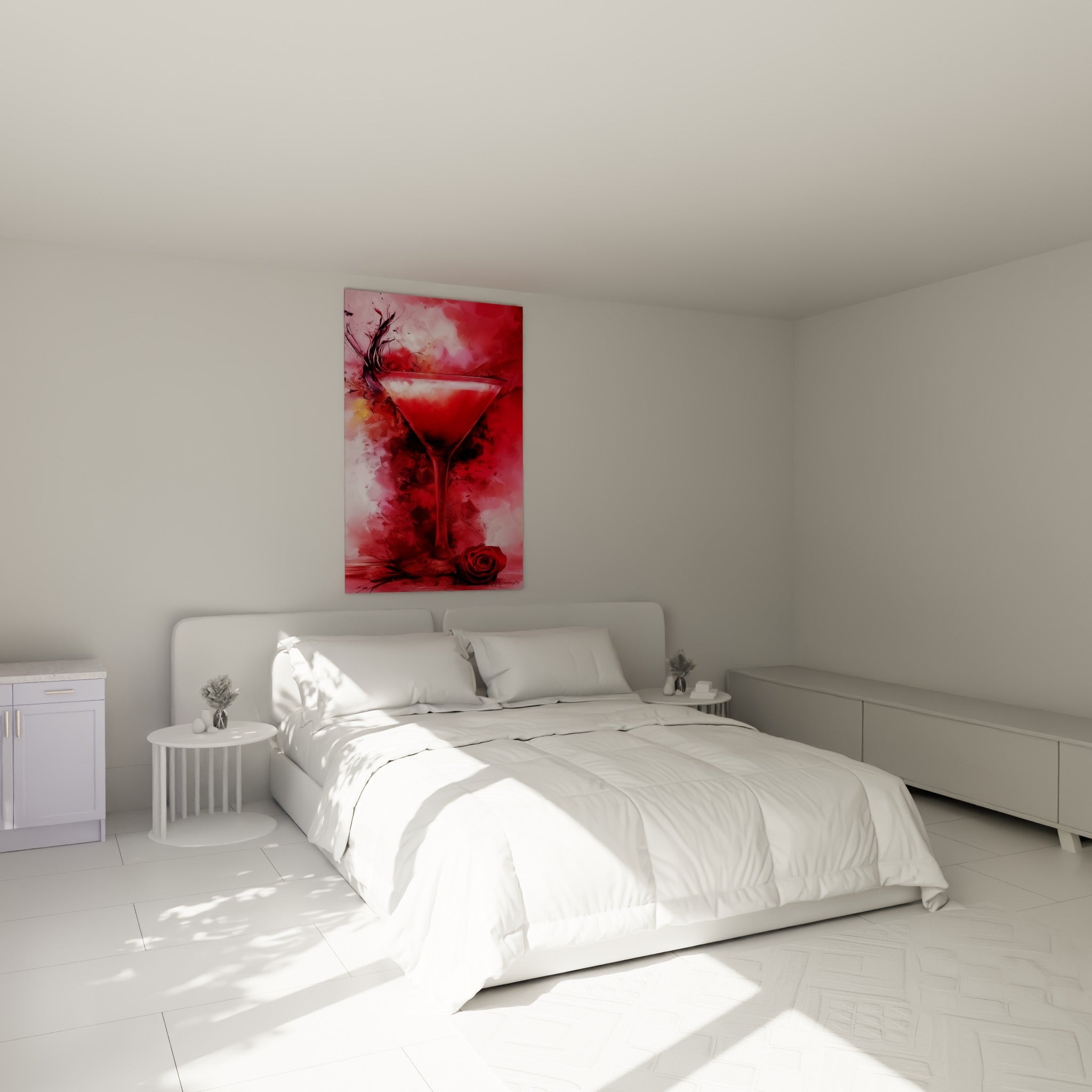 Cocktail rouge intense et rose poudré au-dessus d'un lit dans une chambre claire