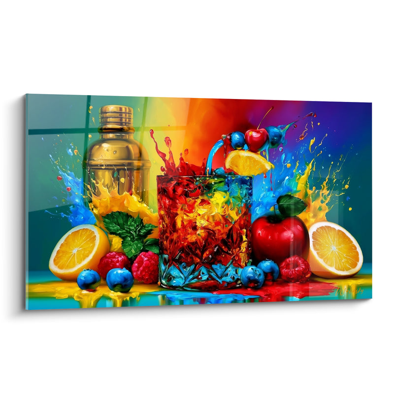 Tableau Verre rouge et bleu aux fruits éclatés - Explosion fruitée - Edition Cocktail