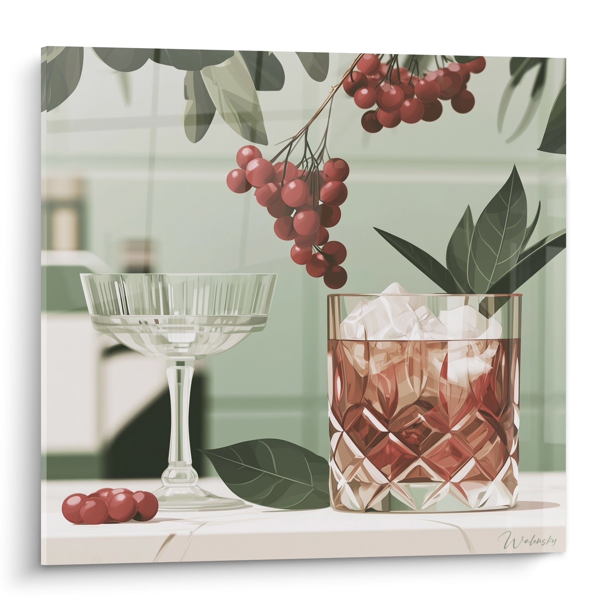 Verre taillé cocktail terracotta et grappe de baies rouges sur fond vert sauge illustré