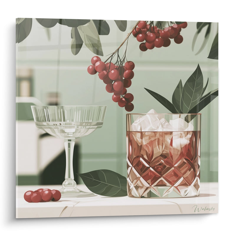 Tableau Verre taillé aux glaçons ambrés et baies rouges - Pause raffinée - Edition Cocktail
