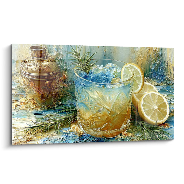 Cut Glass Amber and Blue with Rosemary Artwork - Golden Vase and Lemon Slices - Cocktail Edition