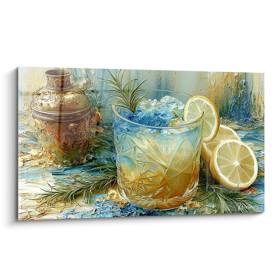 Tableau Verre taillé ambré et bleu au romarin - Vase doré et rondelles de citron - Edition Cocktail