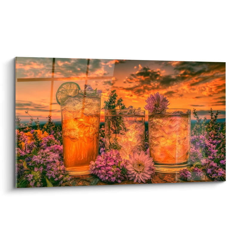 Tableau Trois verres ambrés parmi les fleurs mauves - Ivresse du crépuscule - Edition Cocktail