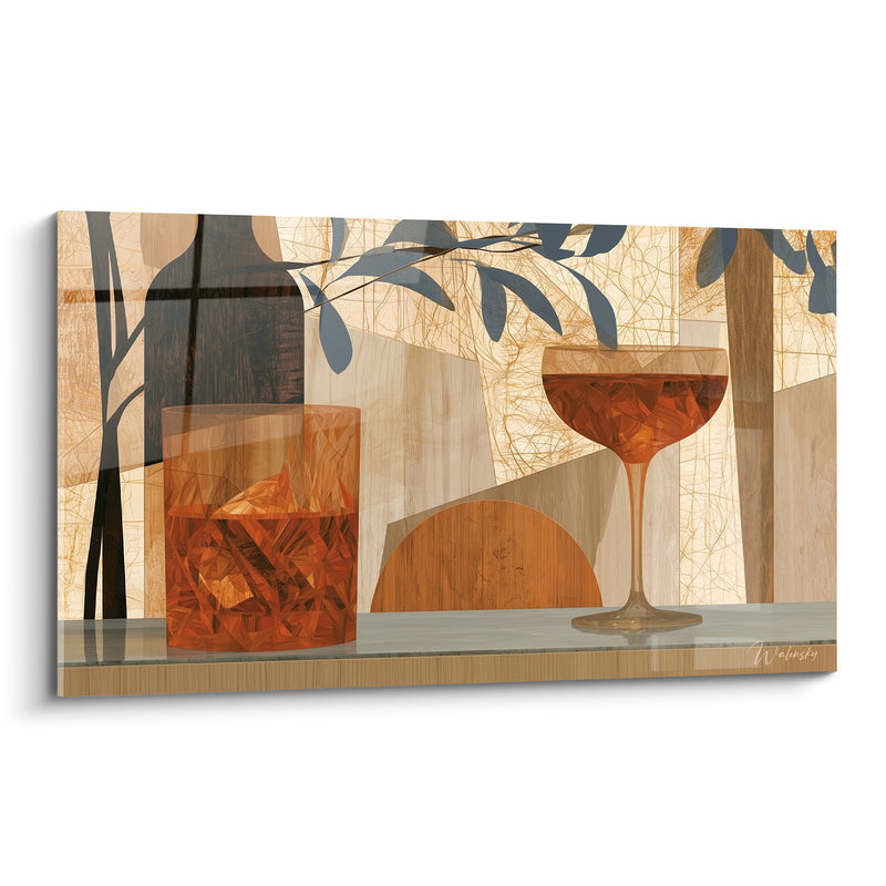 Tableau Verre à whisky ambré et beige aux formes géométriques - Duo de silhouettes végétales - Edition Cocktail