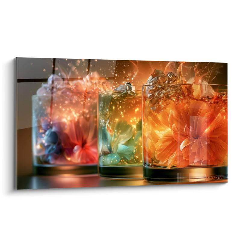 Tableau Verres à whisky fleurs orange et turquoise - Éclosion liquide - Edition Cocktail