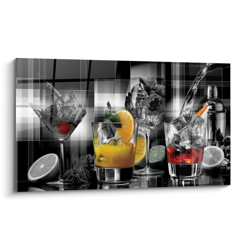 Tableau Verres à cocktail orange et rouge éclatants - Éclat de bar nocturne - Edition Cocktail
