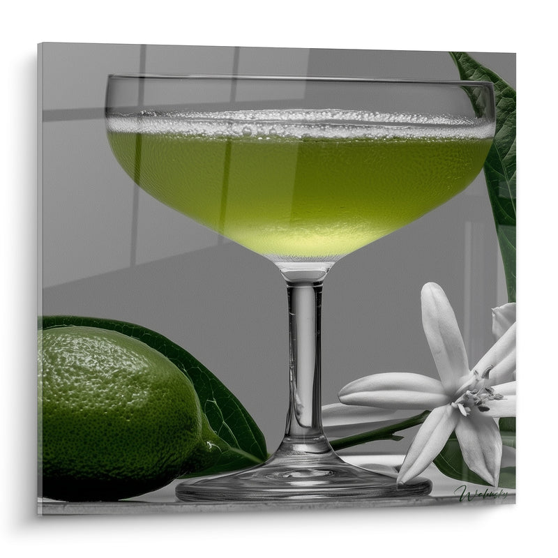 Tableau Coupe verte et grise au citron vert entier - Fleur blanche étoilée - Edition Cocktail