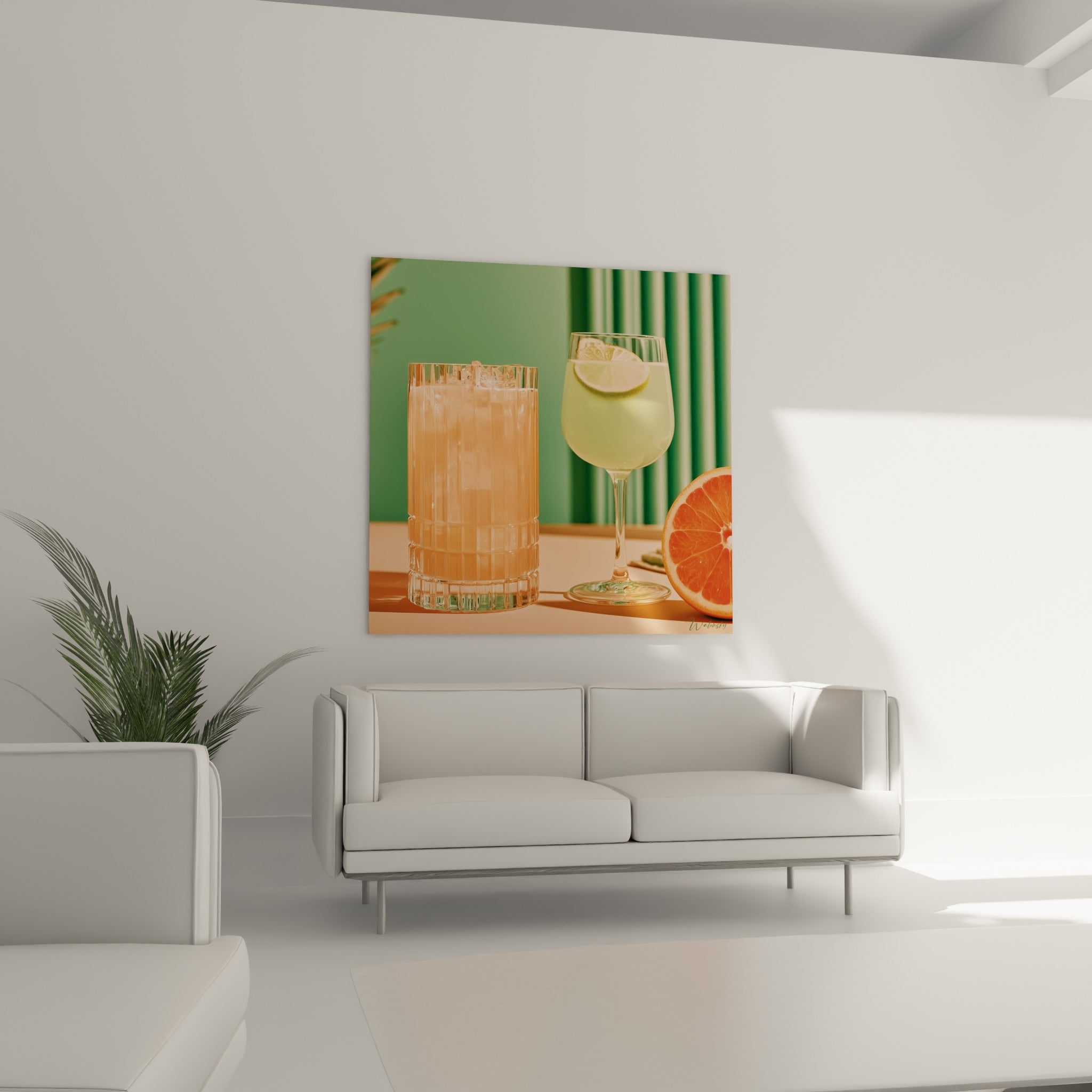 Boissons corail et vert amande surplombant un canapé dans un salon lumineux