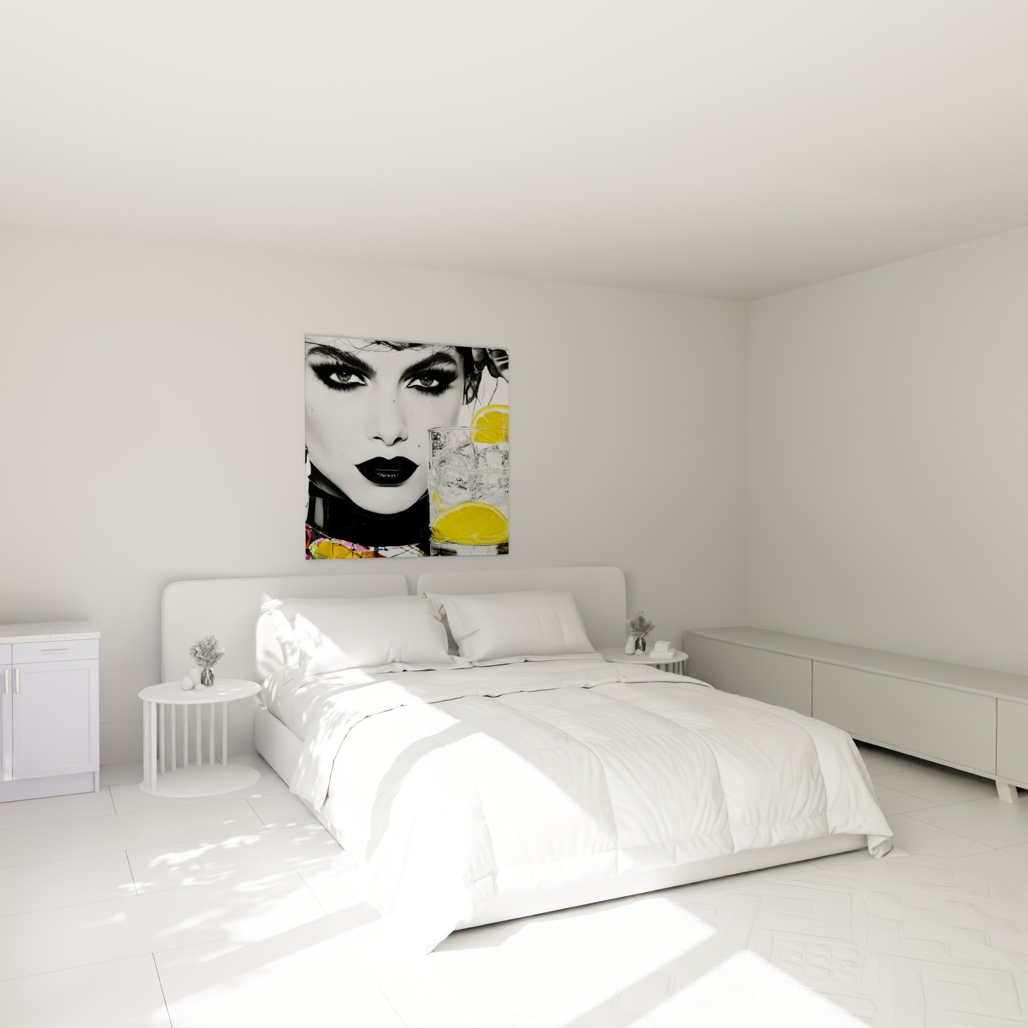 Visage intense en noir et blanc côtoyant citron jaune, accroché au-dessus d'un lit dans une chambre claire