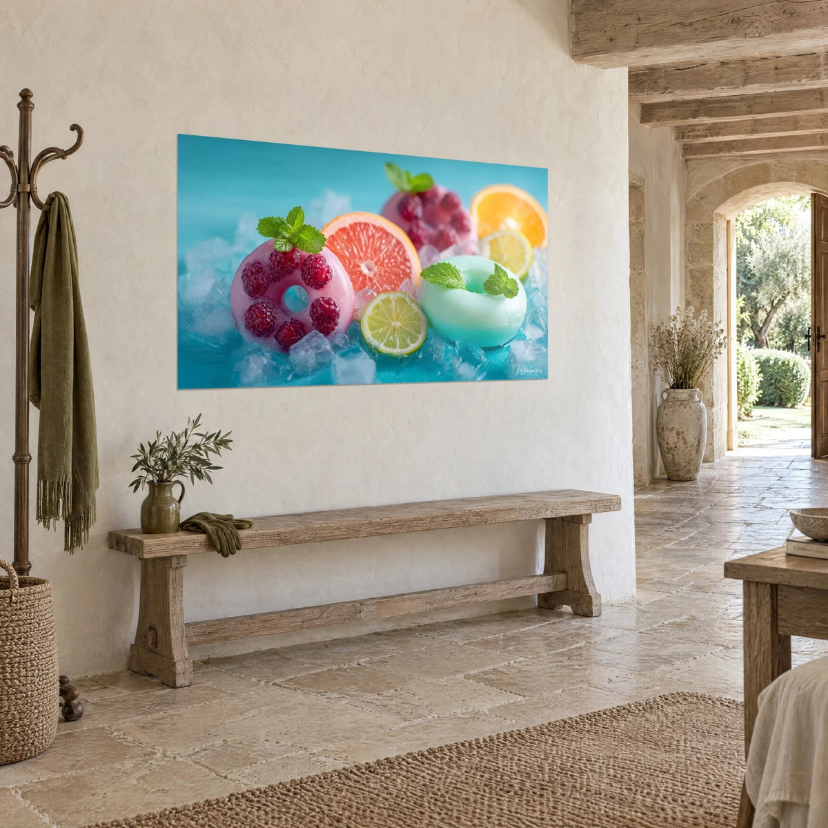 Tableau agrumes givrés, citron vert et orange sur lit de glace turquoise, beignet rose aux framboises, vue de trois-quarts, mur de pierre