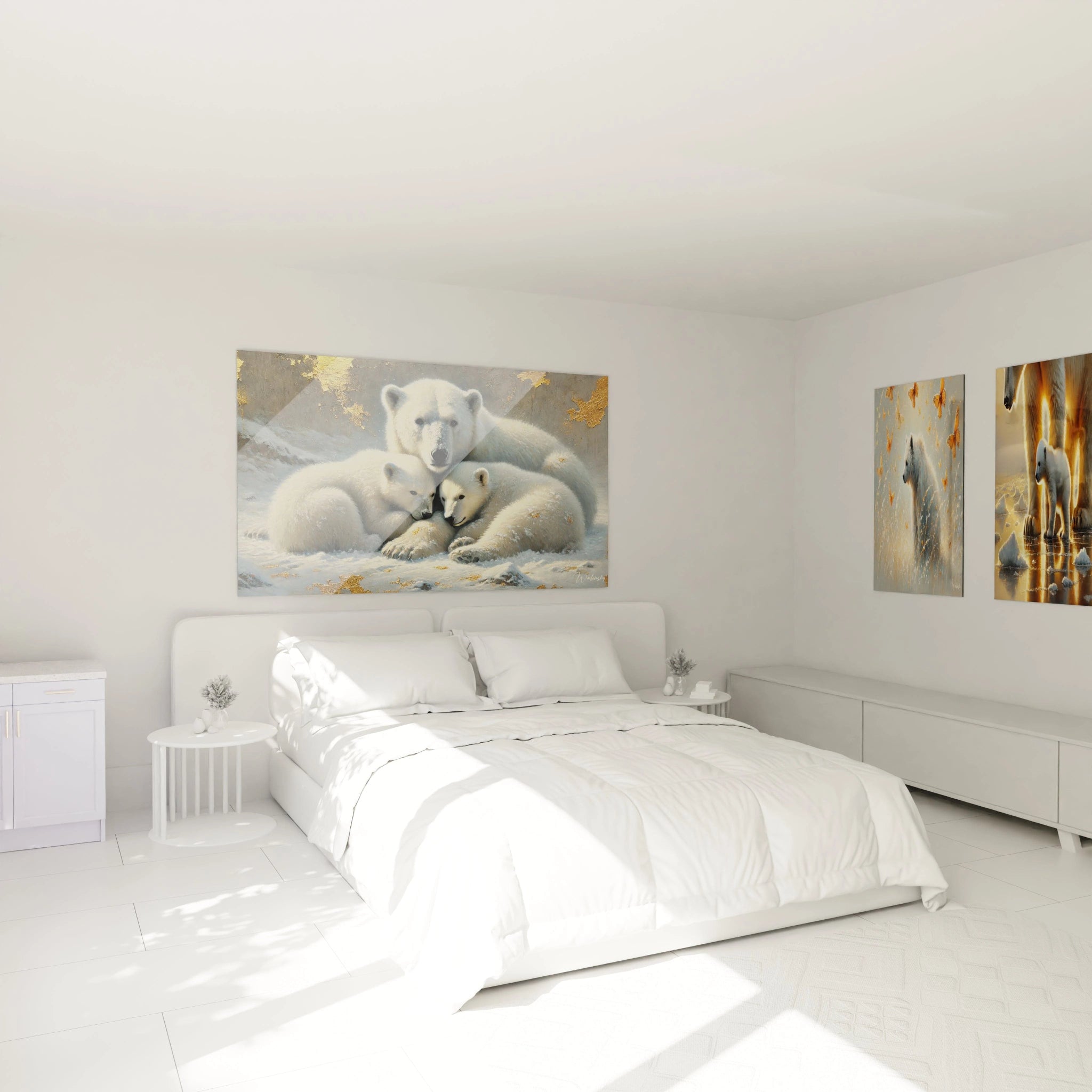 Ce tableau ours polaire ajoute une touche majestueuse et apaisante au-dessus du lit, créant une ambiance sereine et chaleureuse dans votre chambre à coucher.

