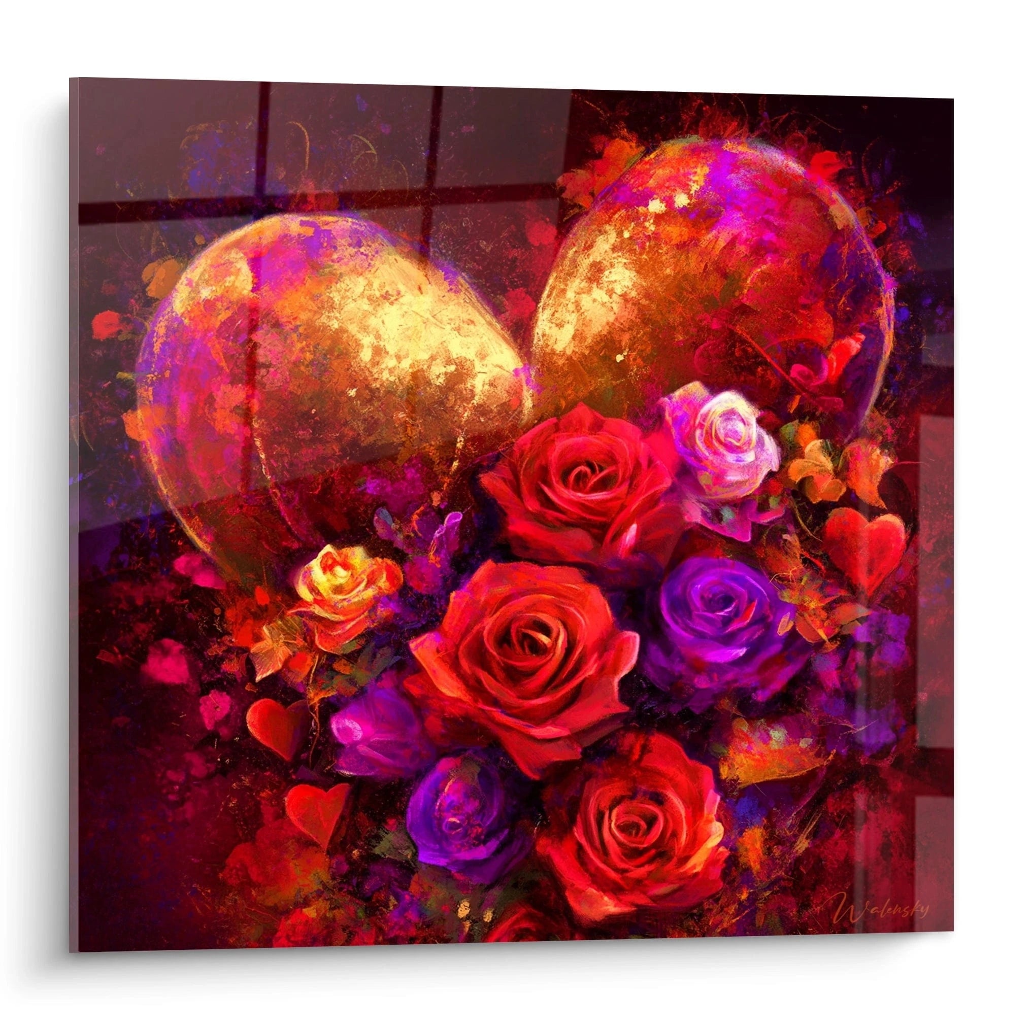 Walensky tableau cœur abstrait saint valentin peinture murale brillante coeurs dorés et roses rouges violettes