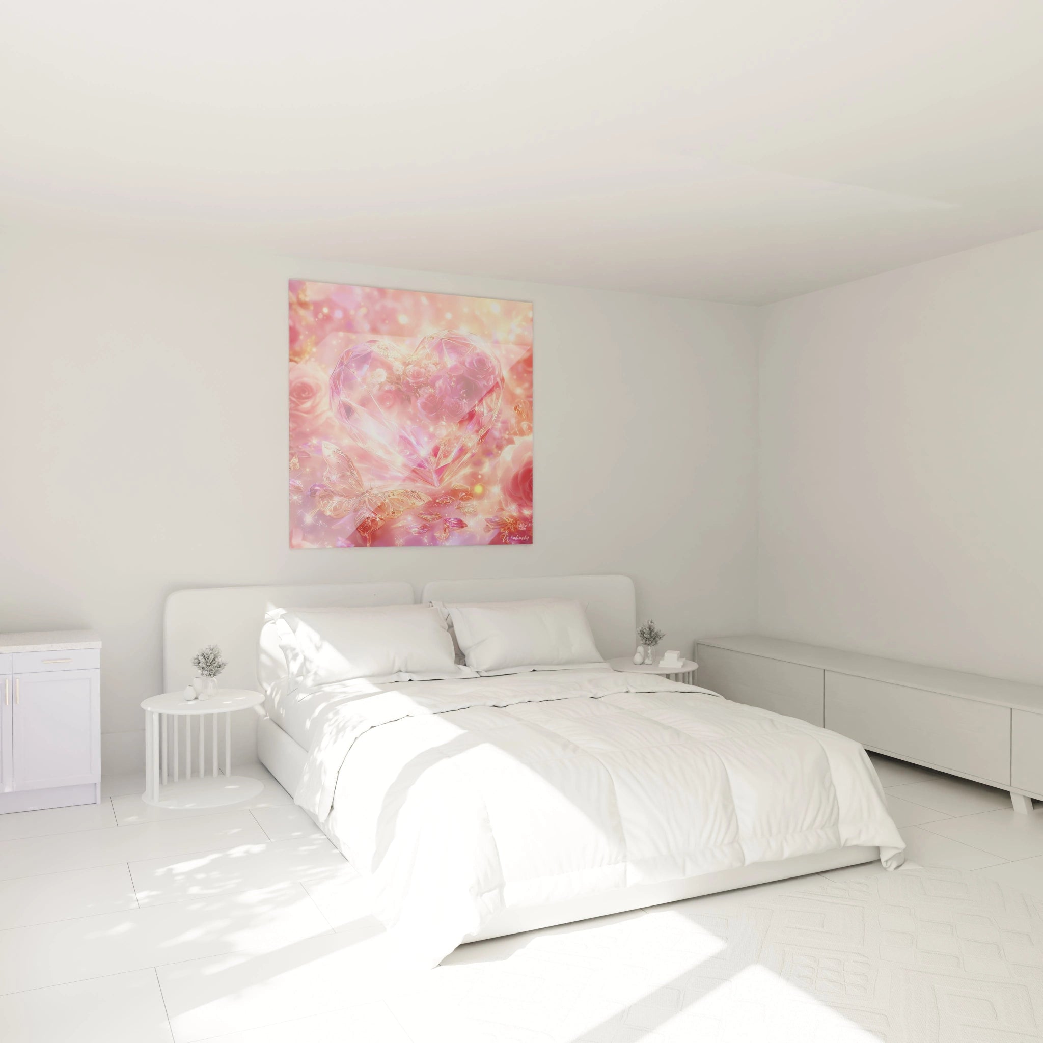 Tableau mural Walensky tableau cœur cristal saint valentin en tons roses et dorés accroché au dessus d'un lit blanc
