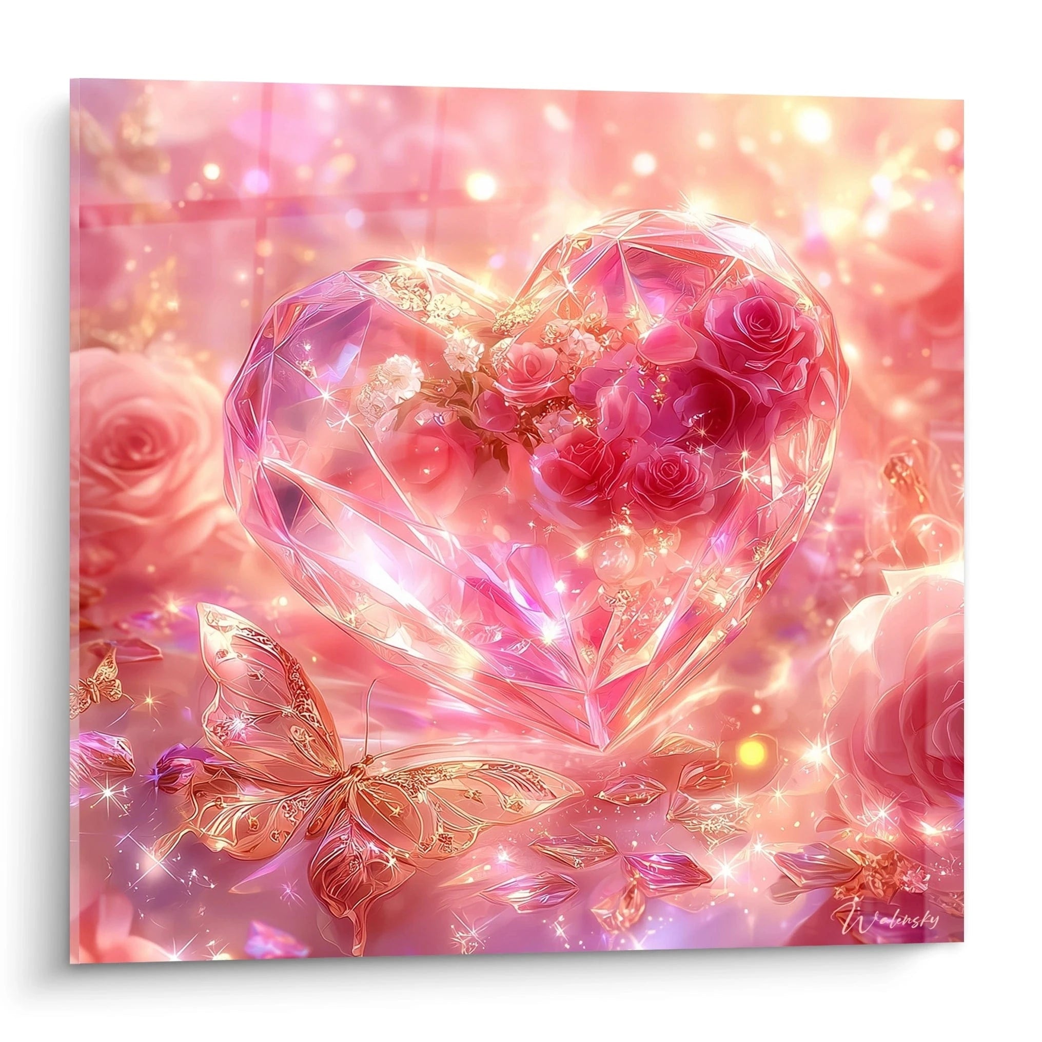 Walensky tableau cœur cristal saint valentin tableau mural rose avec cœur en cristal roses et papillon scintillant