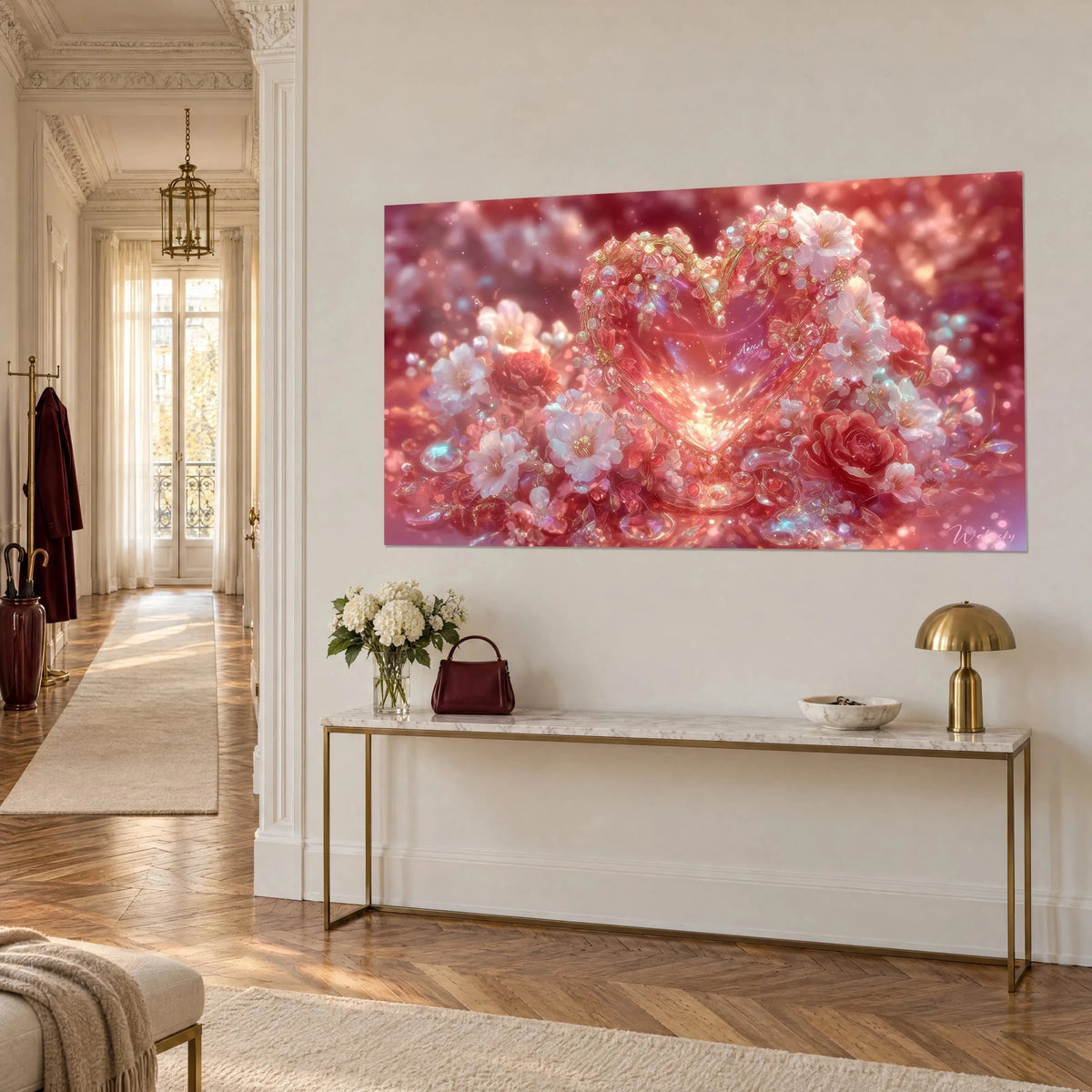 Wall art heart-shaped floral wreath, pearly peonies and iridescent pink and gold bubbles, white Haussmann-style wall and gilded console