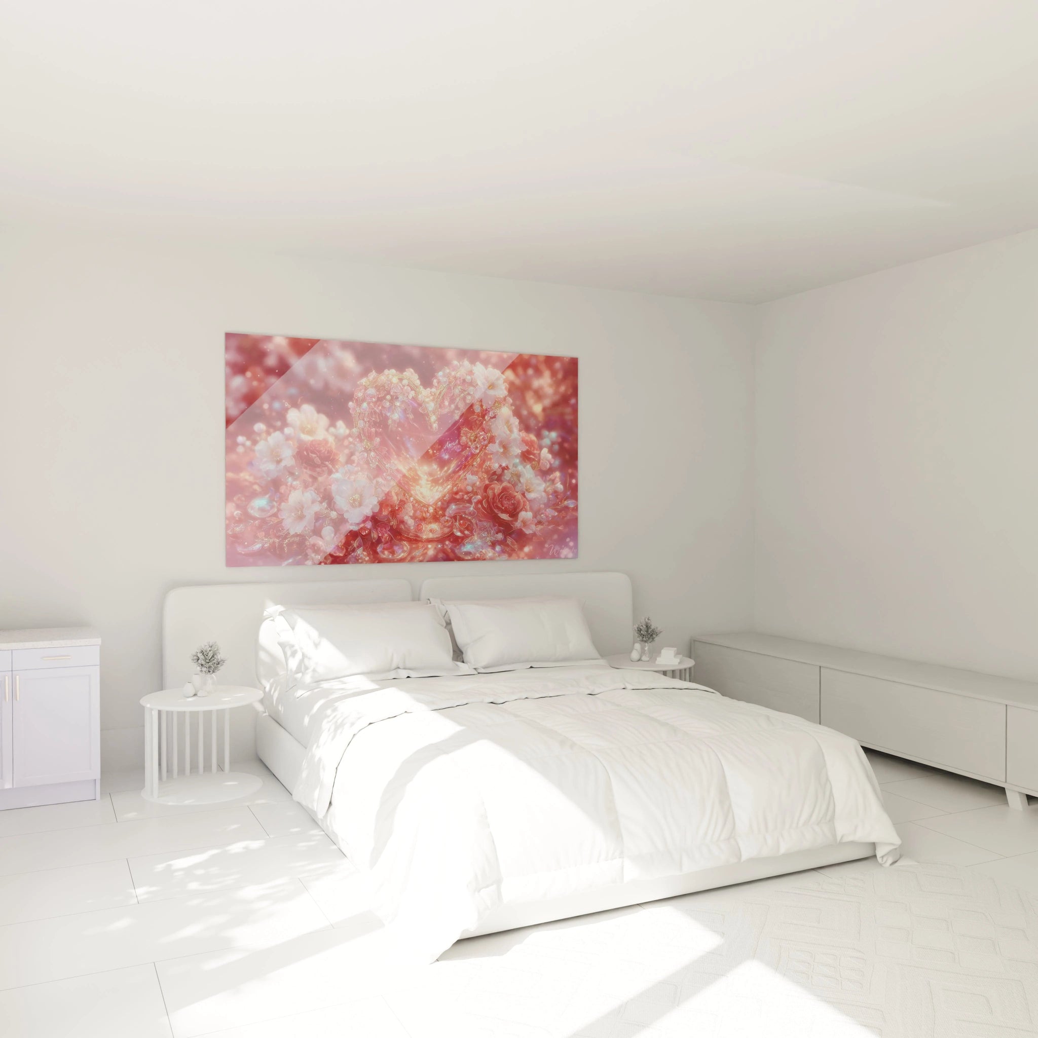 Walensky tableau cœur floral saint valentin affiché au dessus d un lit blanc dans une chambre minimaliste