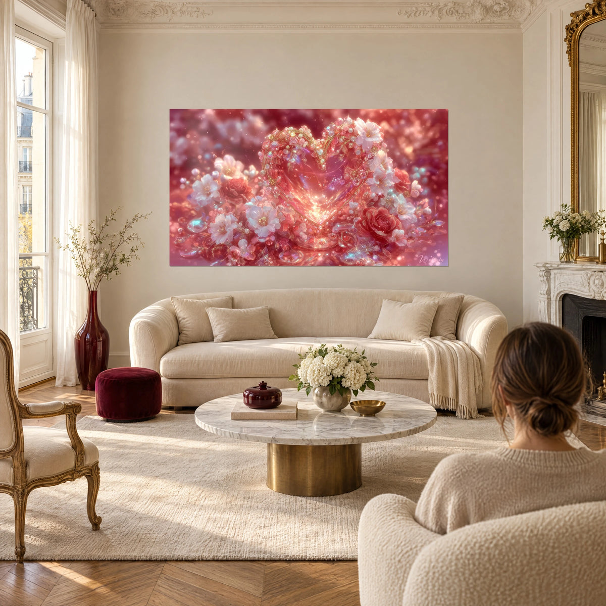 Cuadro corazón de cristal adornado con rosas rojas y flores blancas, dorado y coral, sobre un sofá en un salón luminoso