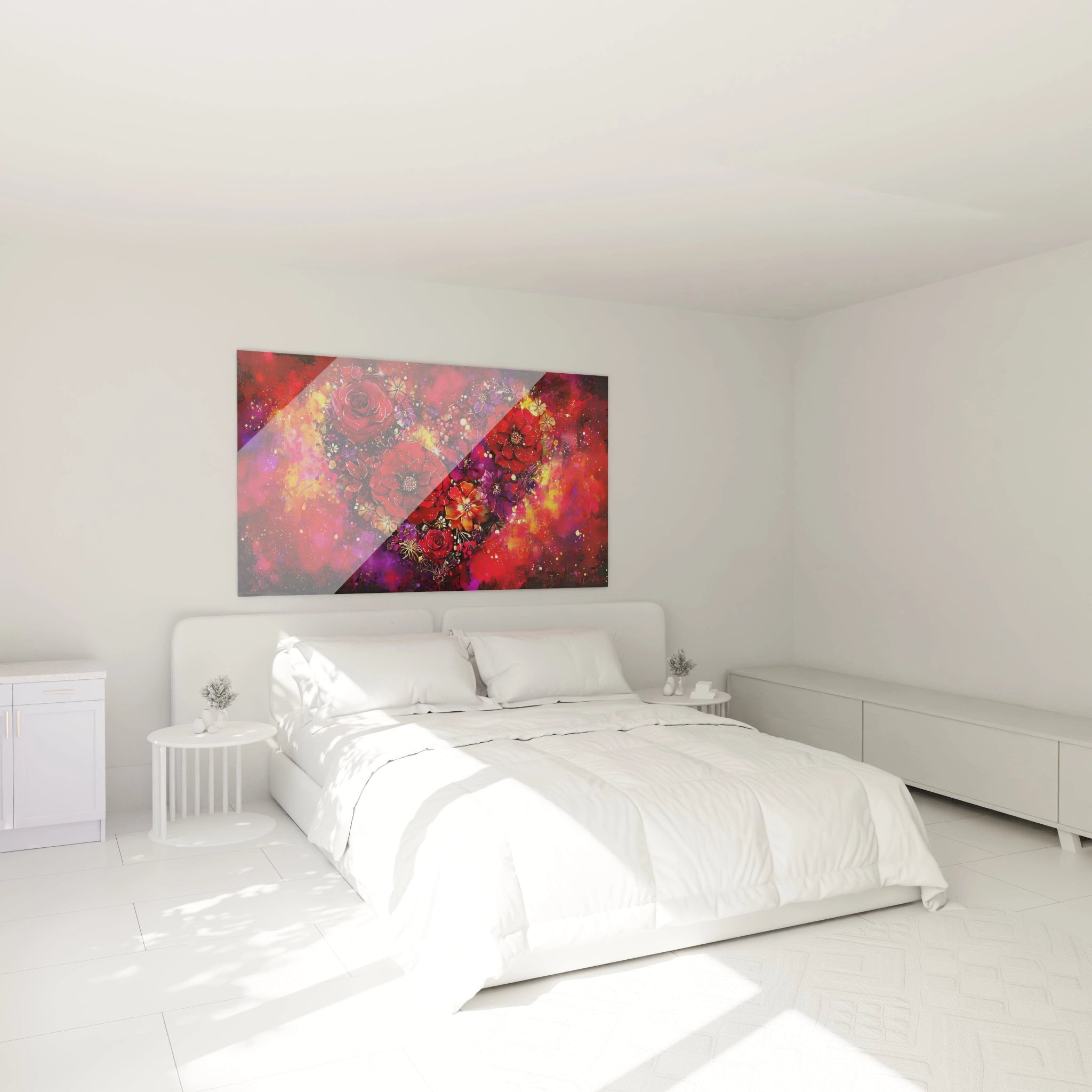 tableau cœur floral Walensky mural rouge et rose au dessus d un lit blanc minimaliste