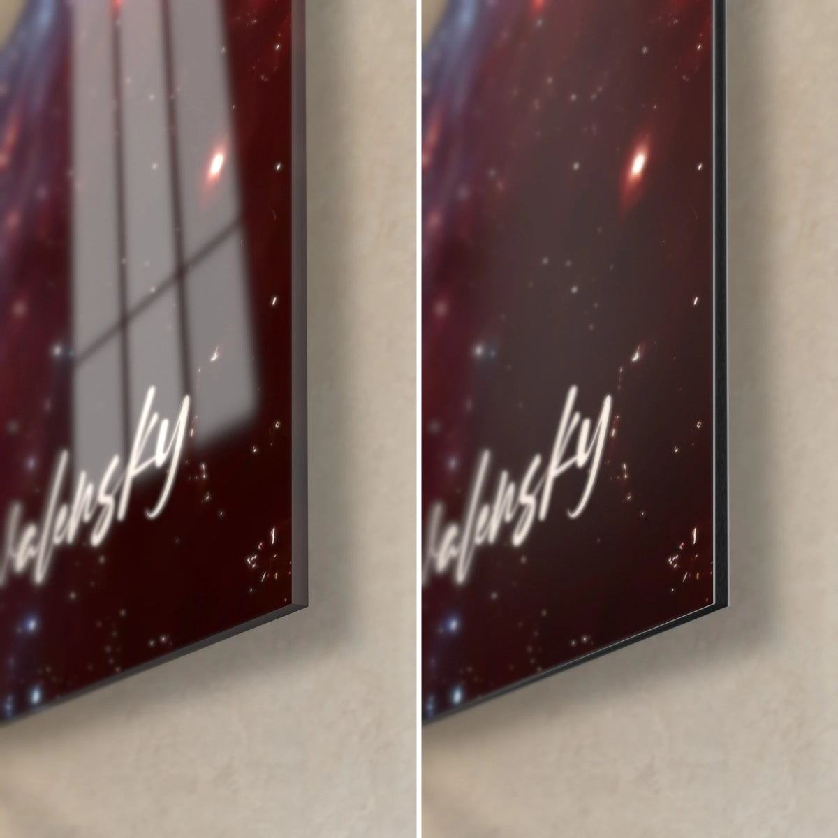 Quadro cosmo di cristalli rosso scuro e blu, firma bianca Walensky, bordo di 3 mm, vetro lucido a sinistra e Dibond opaco a destra