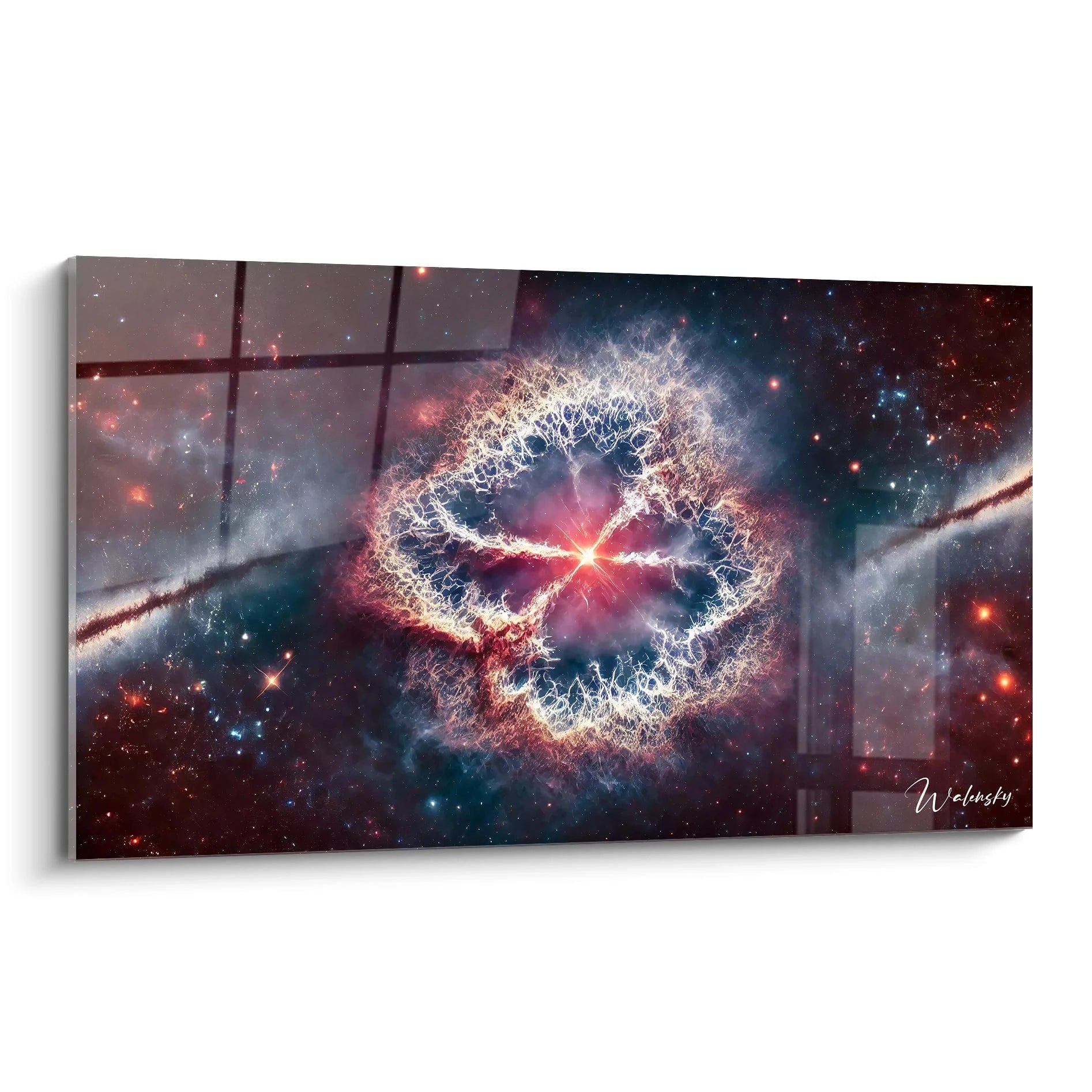 tableau espace vu de biais refletant les supernovae rouge bleu et blanc textures profondes et lumineuses mouvement constant univers explosif art et science en harmonie

