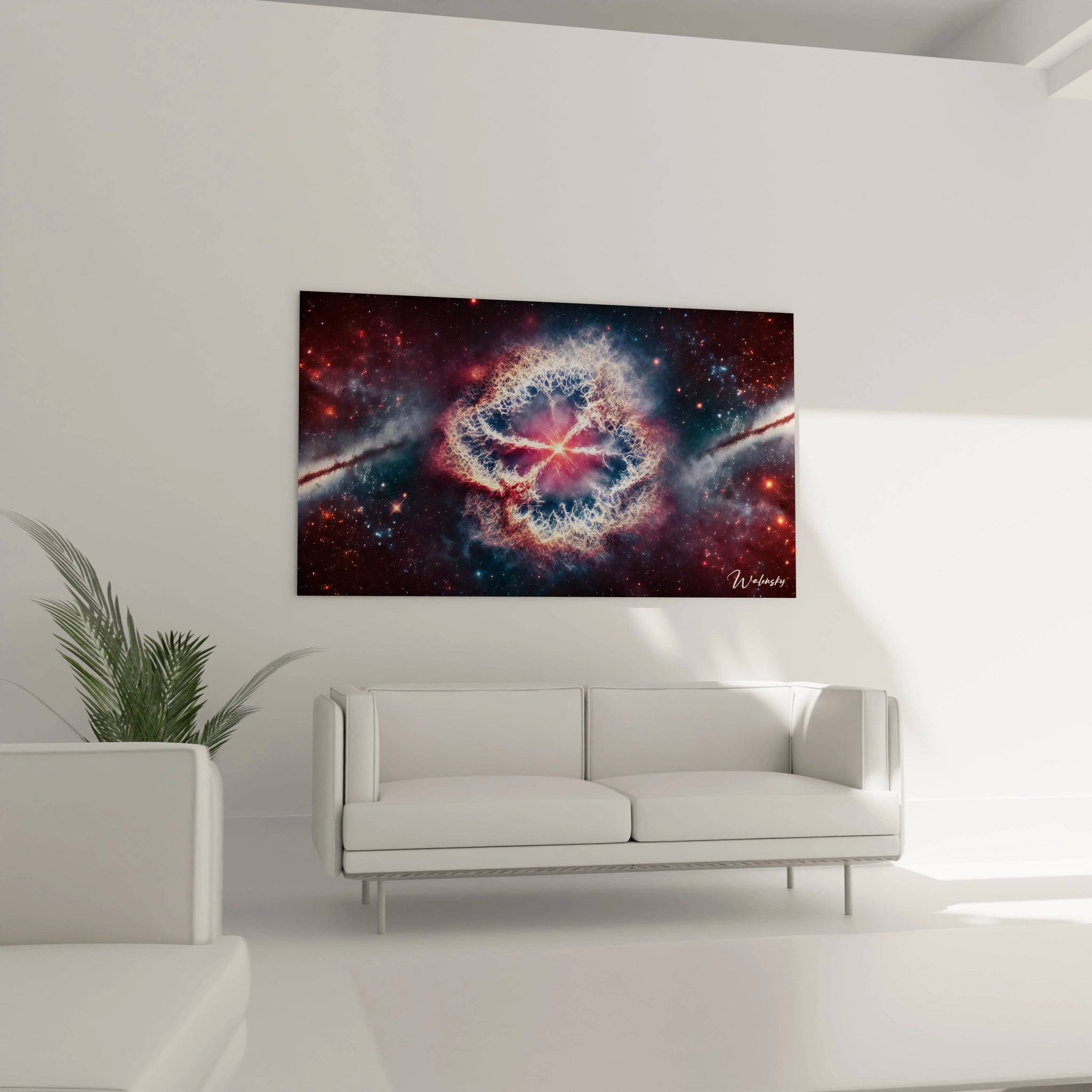 tableau espace au-dessus du canape dans un salon couleurs rouge bleu blanc explosion galactique profondeur captivante et texture lumineuse decor parfait et energie stimulante

