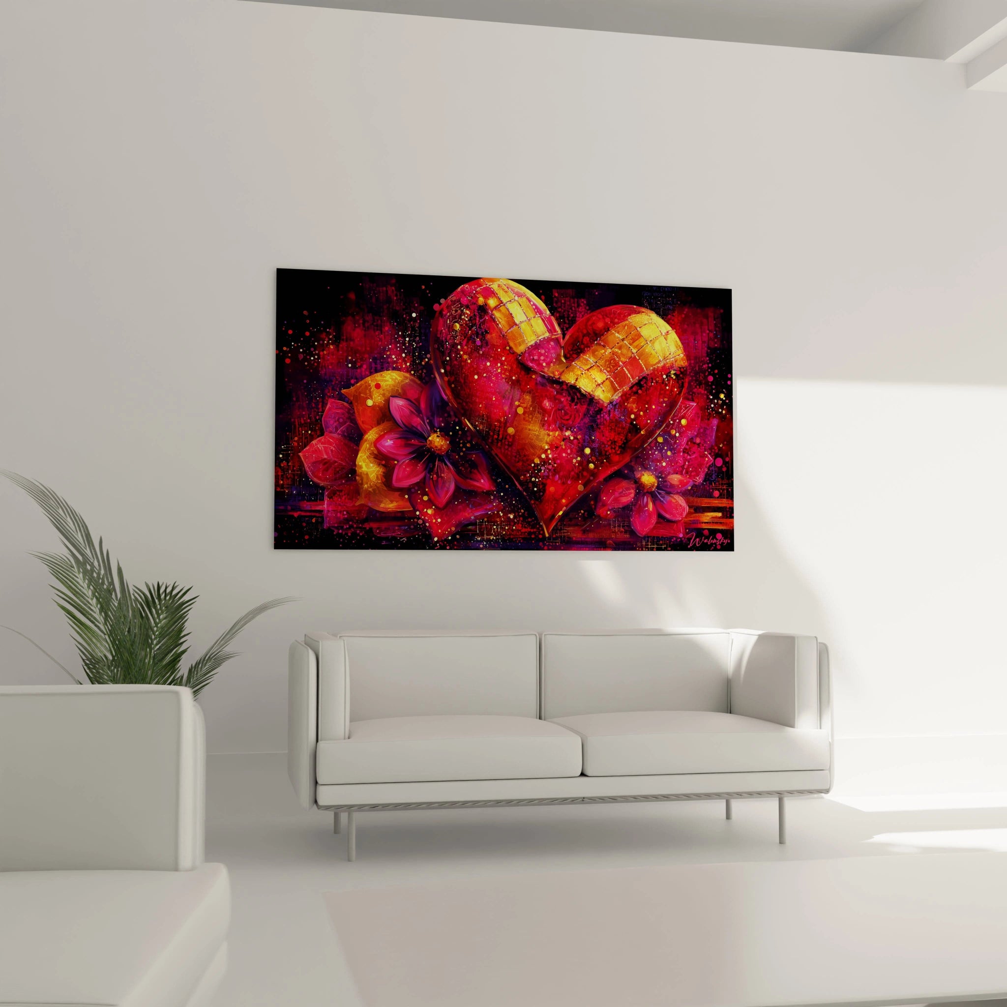 Tableau Walensky montrant un grand cœur rouge et or avec fleurs sur fond noir pour mur moderne tableau cœur saint valentin