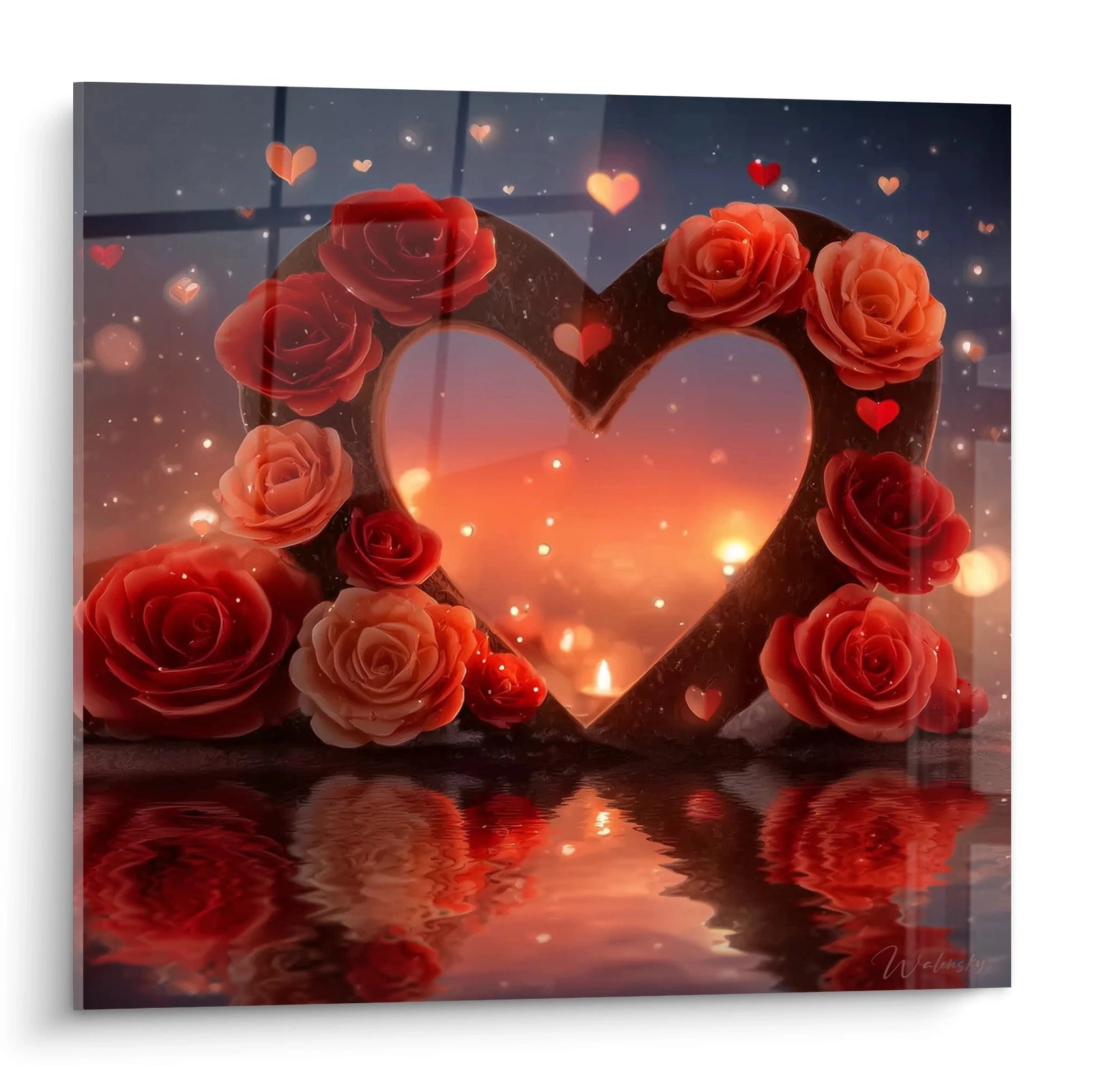 Walensky tableau coeur saint valentin mural avec coeur en bois roses rouges et reflet sur eau au coucher du soleil