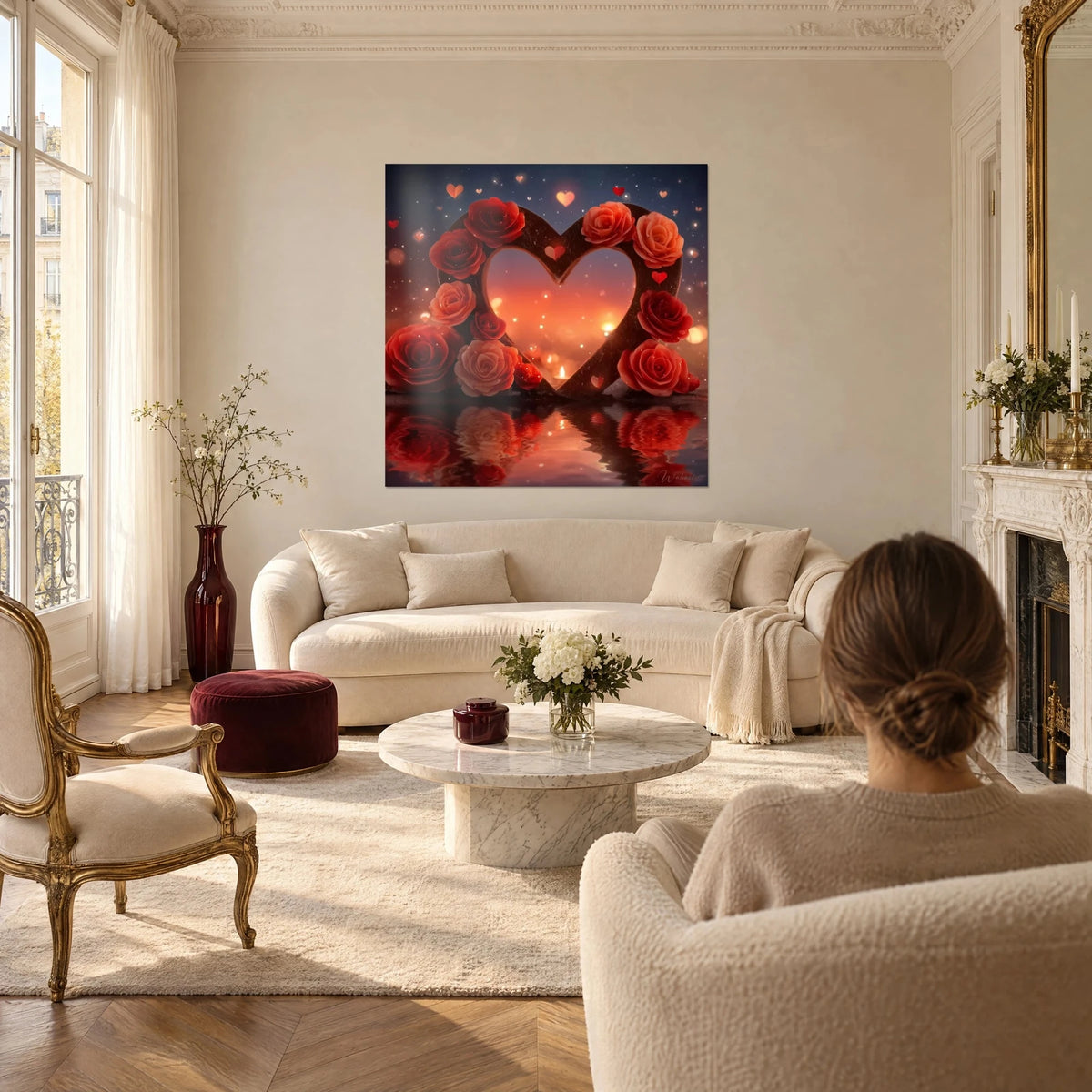 Schilderij hart van rode rozen en gloeiend koraal over een waterspiegeling, bokehkaarsen, boven een bank in een lichte woonkamer