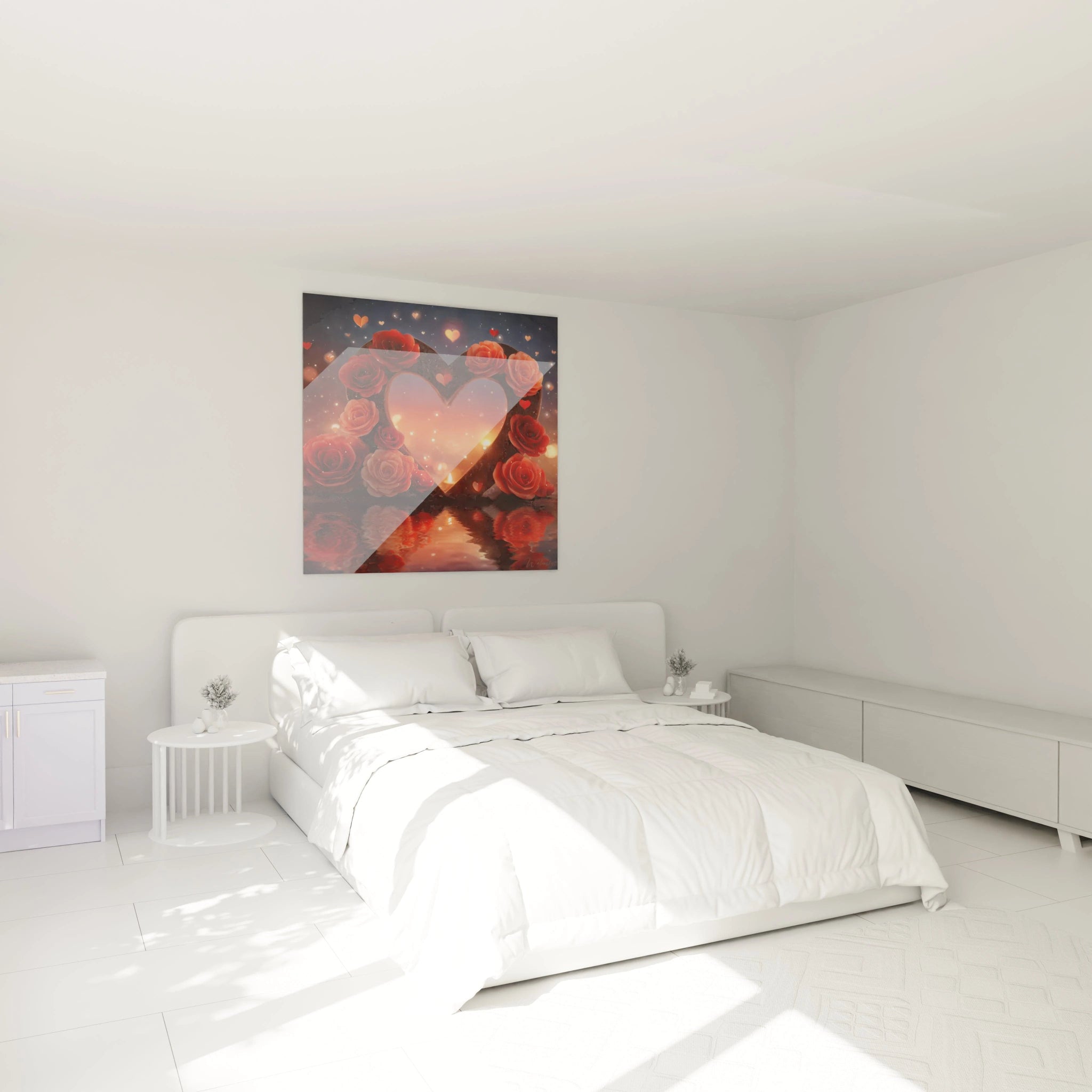 tableau coeur saint valentin avec coeur lumineux en roses rouges sur fond romantique suspendu sur un lit blanc minimal