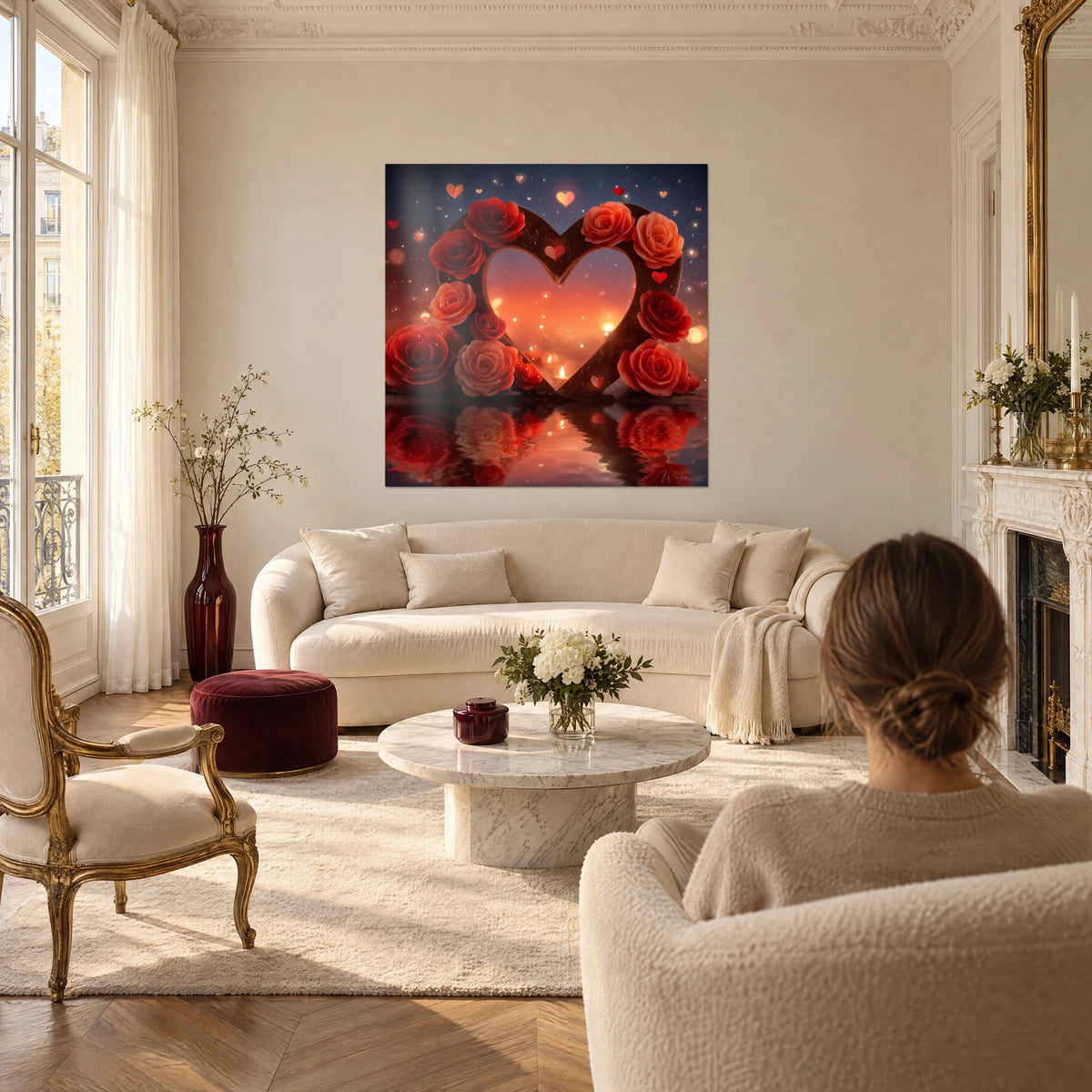 Cuadro corazón de rosas rojas y coral resplandeciente sobre un reflejo de agua, velas en bokeh, colgado encima de un sofá en un salón luminoso