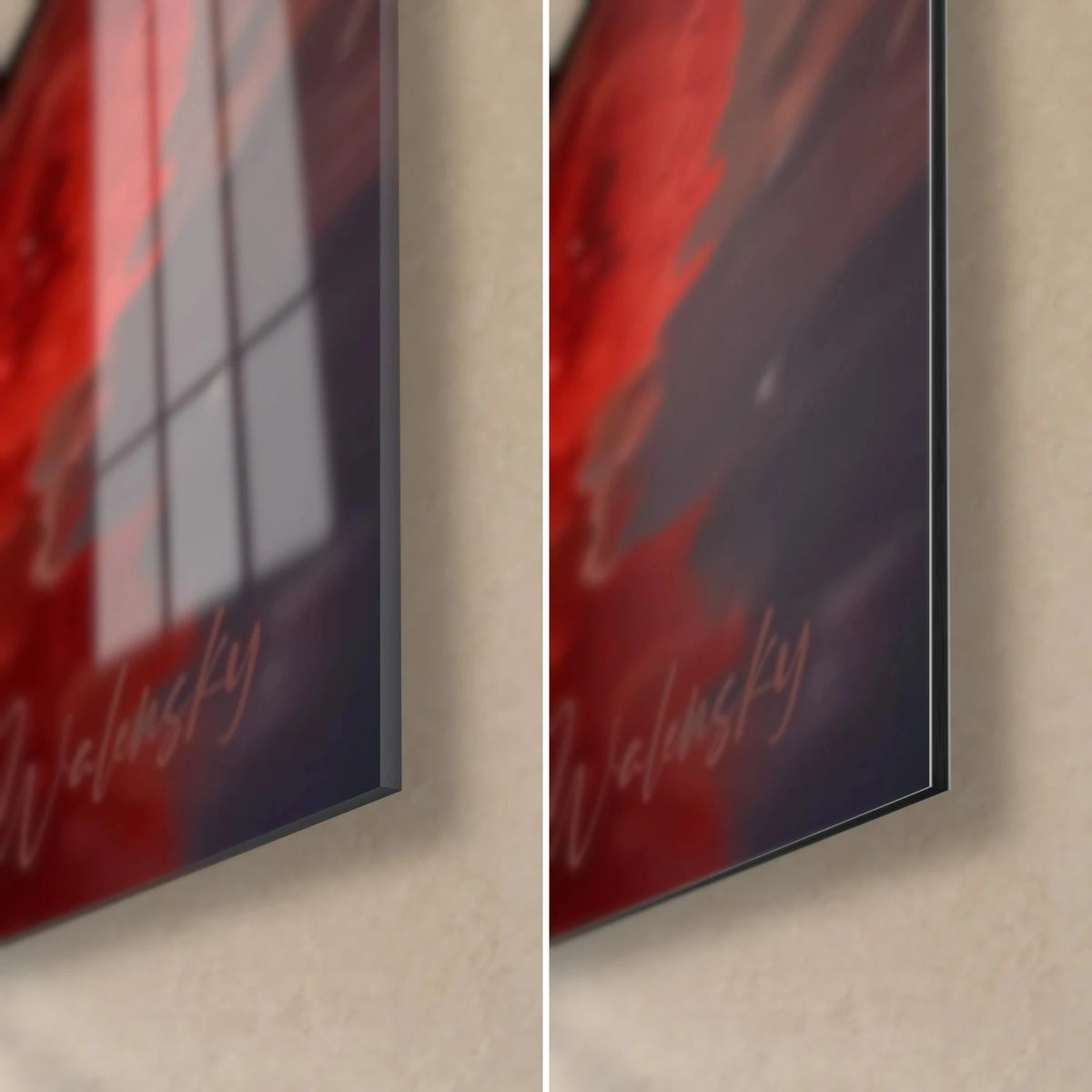 Schilderij roze rood op donker hart, rechtsonder: glanzend acrylglas dat het raam weerspiegelt, mat Dibond-aluminium, zijkant van 3 mm
