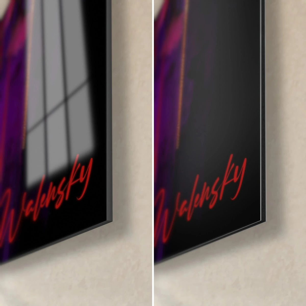 Tableau cœurs rouges et rose en verre brillant et Dibond mat, signature Walensky carmin, tranche de 3 mm, coin bas droit