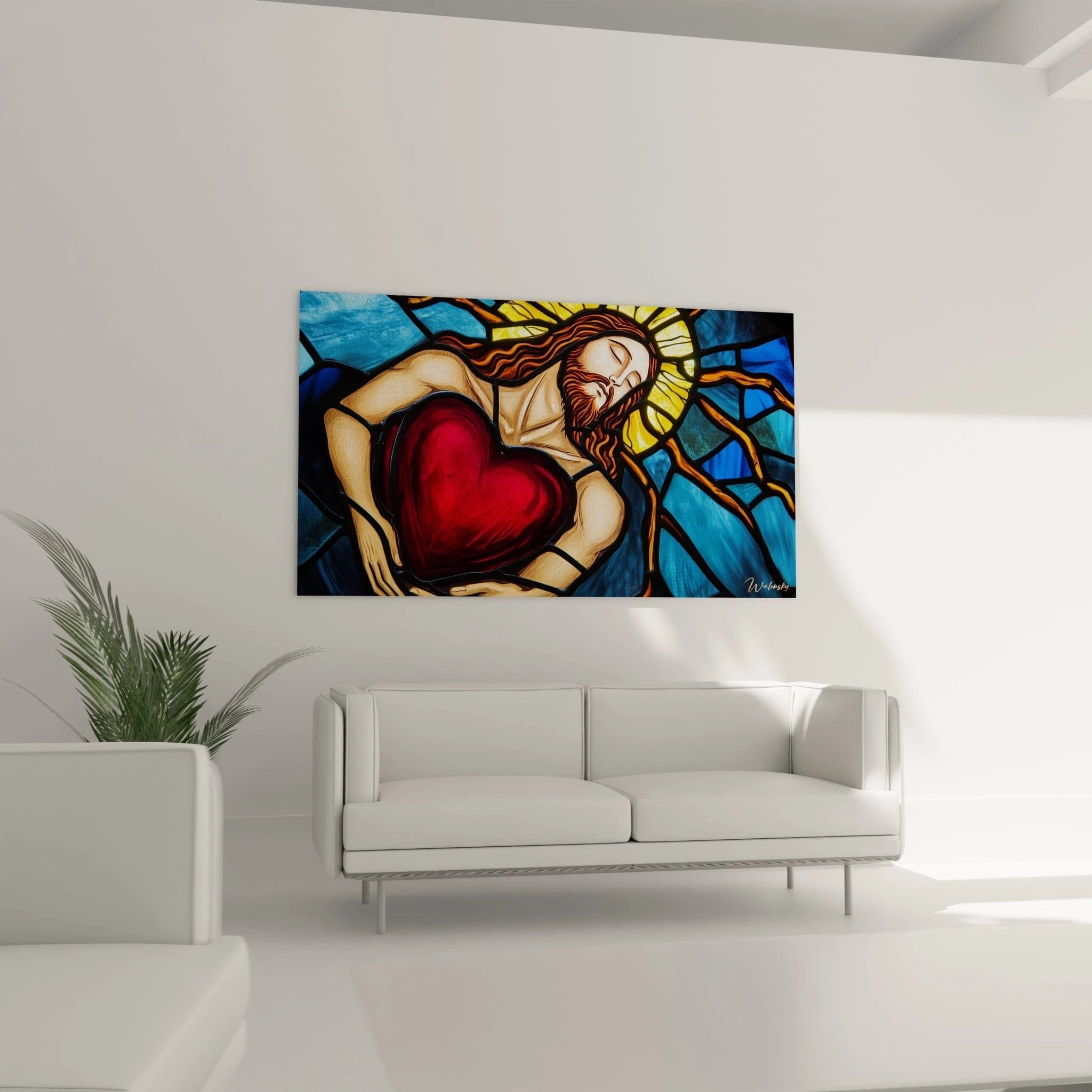 Un tableau vitraux sacré illustrant une figure paisible portant un cœur écarlate contre sa poitrine, baignée dans une lumière dorée rayonnante, sur un fond de sections bleues fragmentées rappelant les verrières des cathédrales avec leurs lignes de plomb distinctives.
